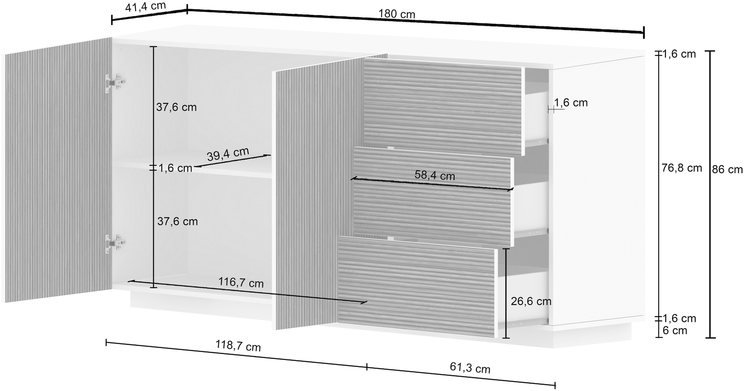 Home affaire Sideboard »Vega Sideboard,Kommode,180 cm« mit 2 Türen und 3 Schubladen,Fronten mit Rillen-Optik