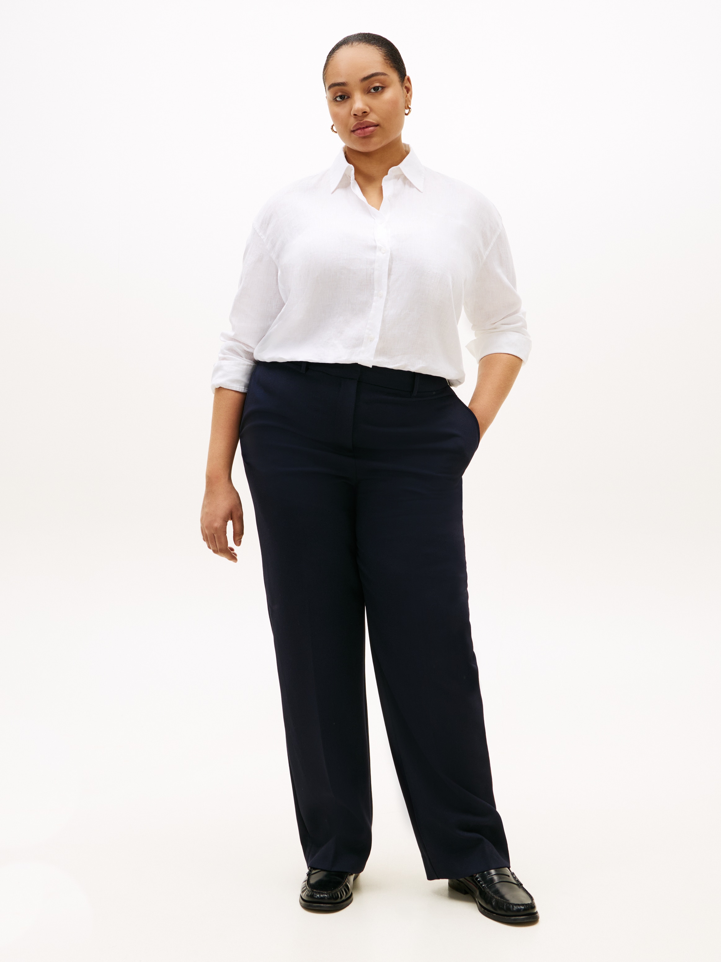 Tommy Hilfiger Curve Langarmbluse »CRV ESS LINEN ROUND HEM SHIRT« in grossen Grössen, oversize