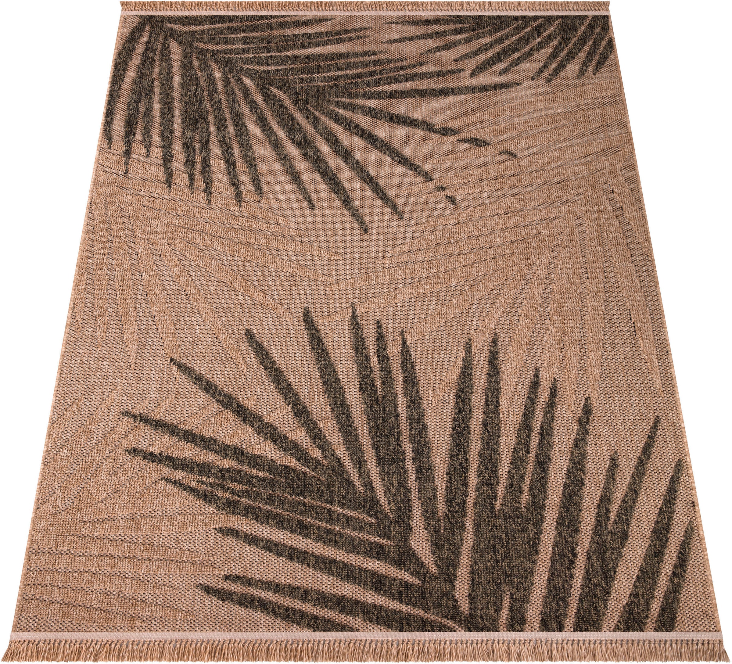 Paco Home Tapis »Cologne 491« Rectangulaire 11 mm Höhe Flachgewebe, Blätter, Hoch-Tief Effekt, mit Fransen, Outdoor geeignet