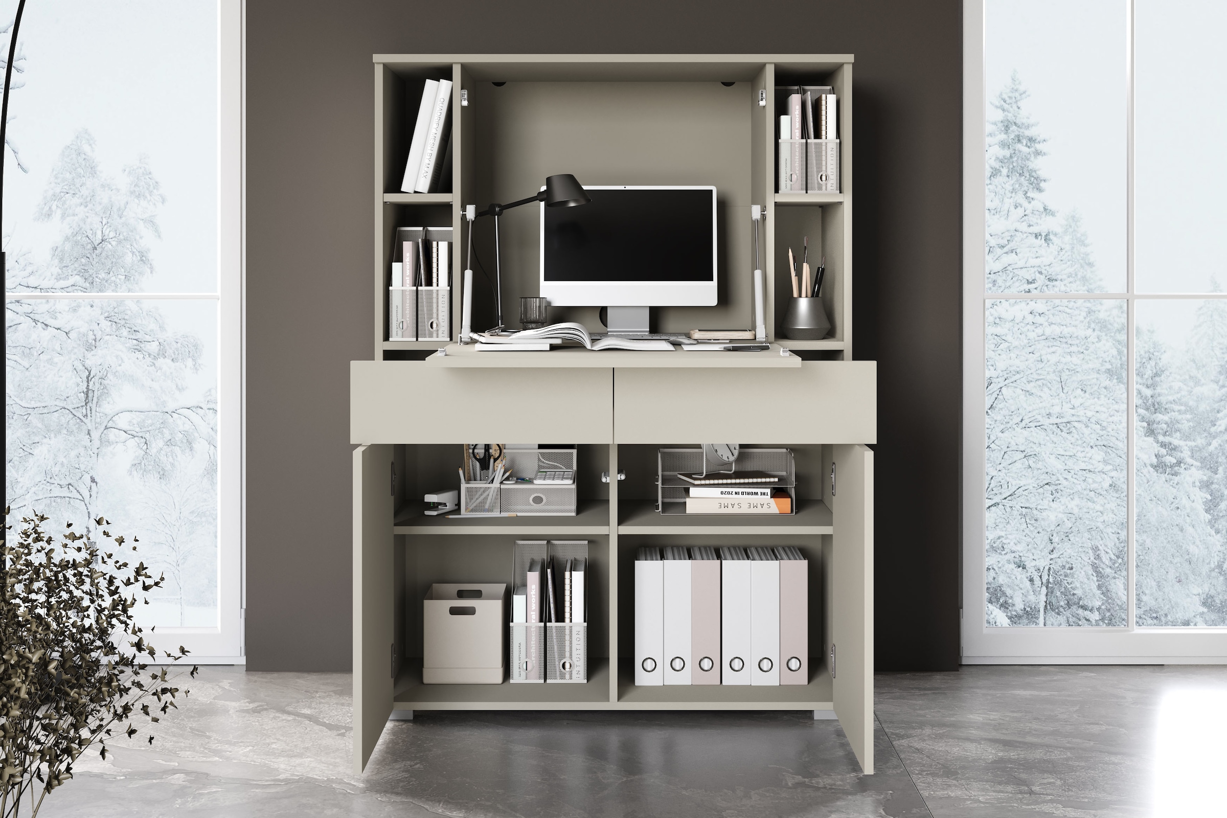 GOODproduct Secrétaire »Paris, Moderner PC-Schrank mit klappbarer Arbeitsfläche« 1 cuis tlg. 2 tiroirs, push-to-open et étagères réglables, largeur 90 cm