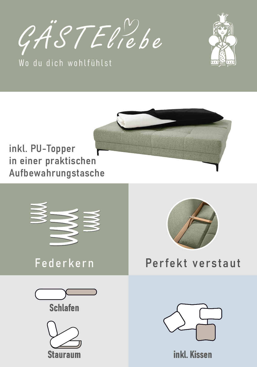 Jockenhöfer Gruppe 1100000002199 »Felix, B: 205 cm, Liegefl. 155x201 cm, Dauerschlafsofa, inkl. Topper« Incluant fonction couchage et coffre de lit, garnissage à ressorts