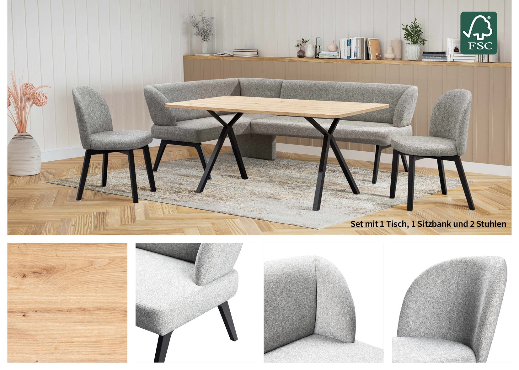 GOODproduct Ensemble de bancs d'angle »Aretha Essecke, Sitzgruppe, Eckbank, Küchenbank« Set, 4er, 4 cuis tlg. Esszimmer Sitzgruppe, Tisch, Stühle und Bank gepolstert, Nosagfederung