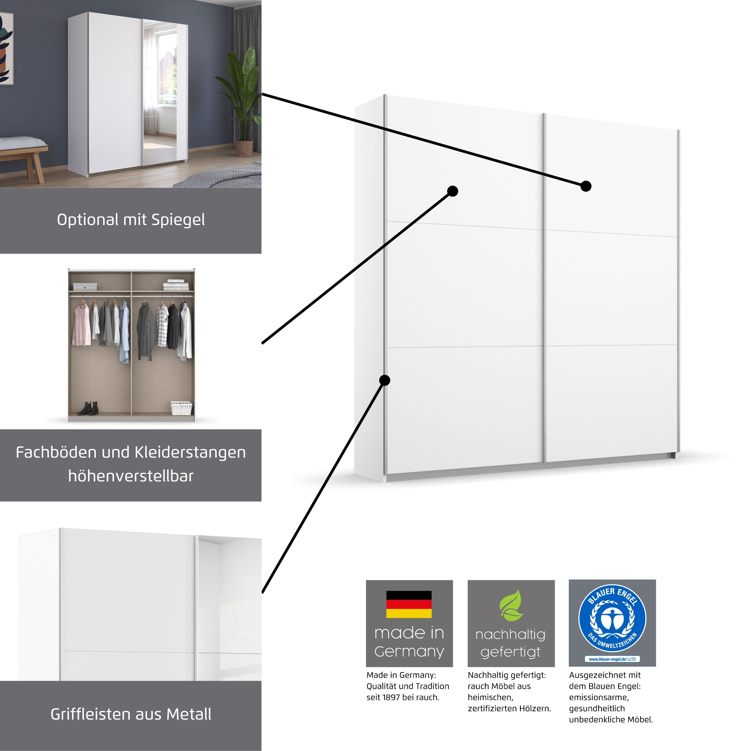 rauch Schwebetürenschrank »Kleiderschrank Schrank Garderobe  AURELIO« 3 Ausstattungen BASIC/CLASSIC/PREMIUM (inkl. SOFT-CLOSE-FUNKTION),  zeitloses Design, viele Farben, Breiten 175/218/261 cm MADE IN GERMANY