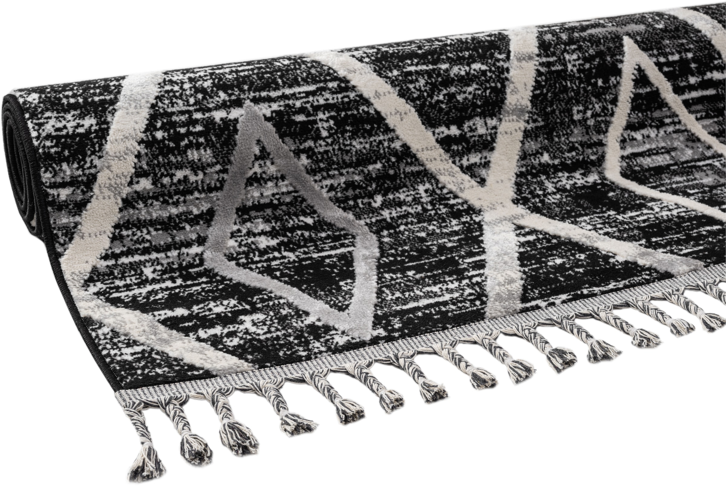 my home Tapis »Otilie« Rectangulaire 11 mm Höhe dichte Qualität, Woll-Look, Boho, mit Fransen und Rauten, Scandi