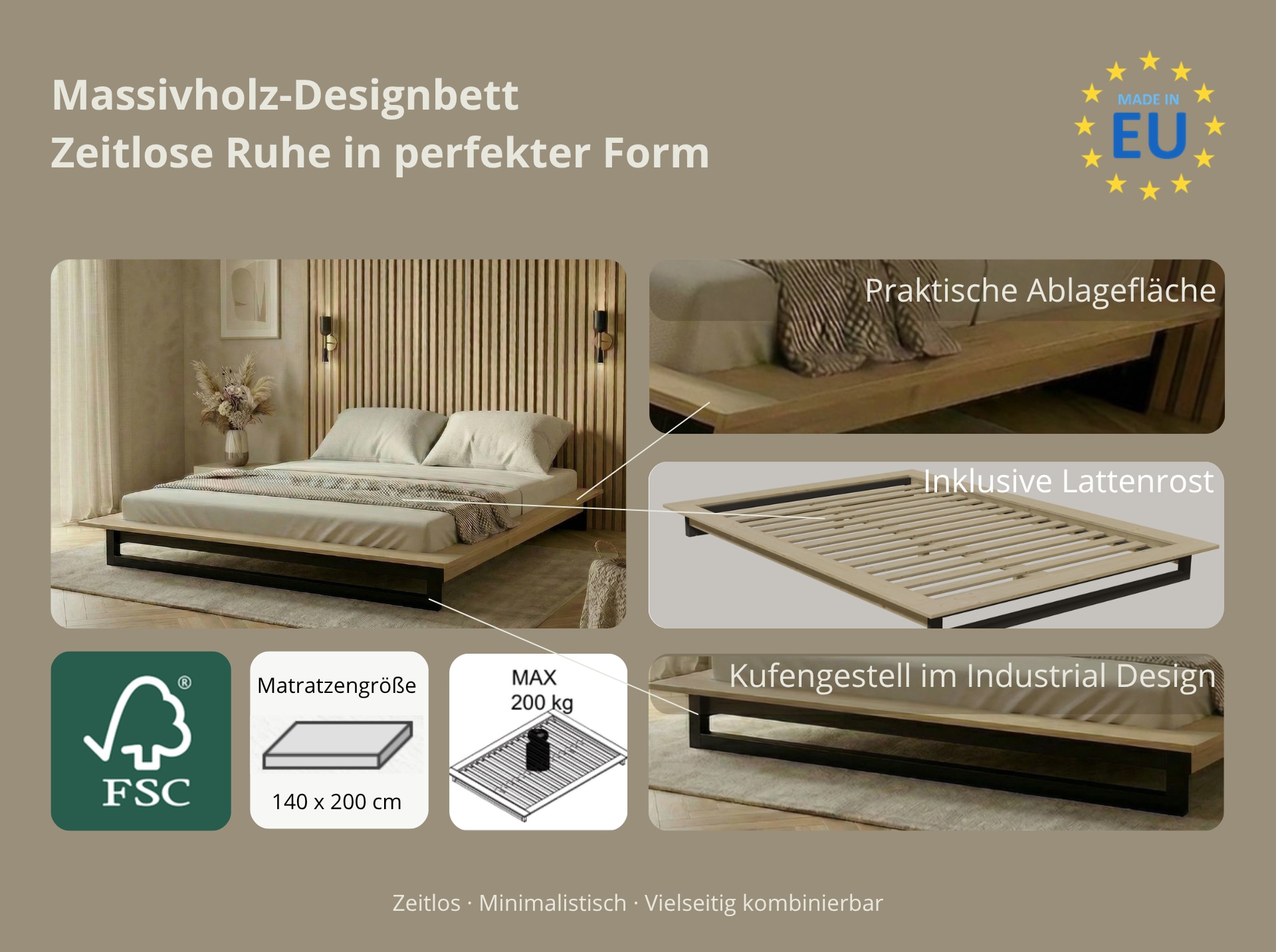 GOODproduct Lit futon »Kobe, Massivholzbett aus Kiefer im Industrial Design, 200 KG belastbar« B/T/H:165/225/18,1 cm,  stabiles Kufengestell,  rundum Ablagefläche, FSC, Made in Europe