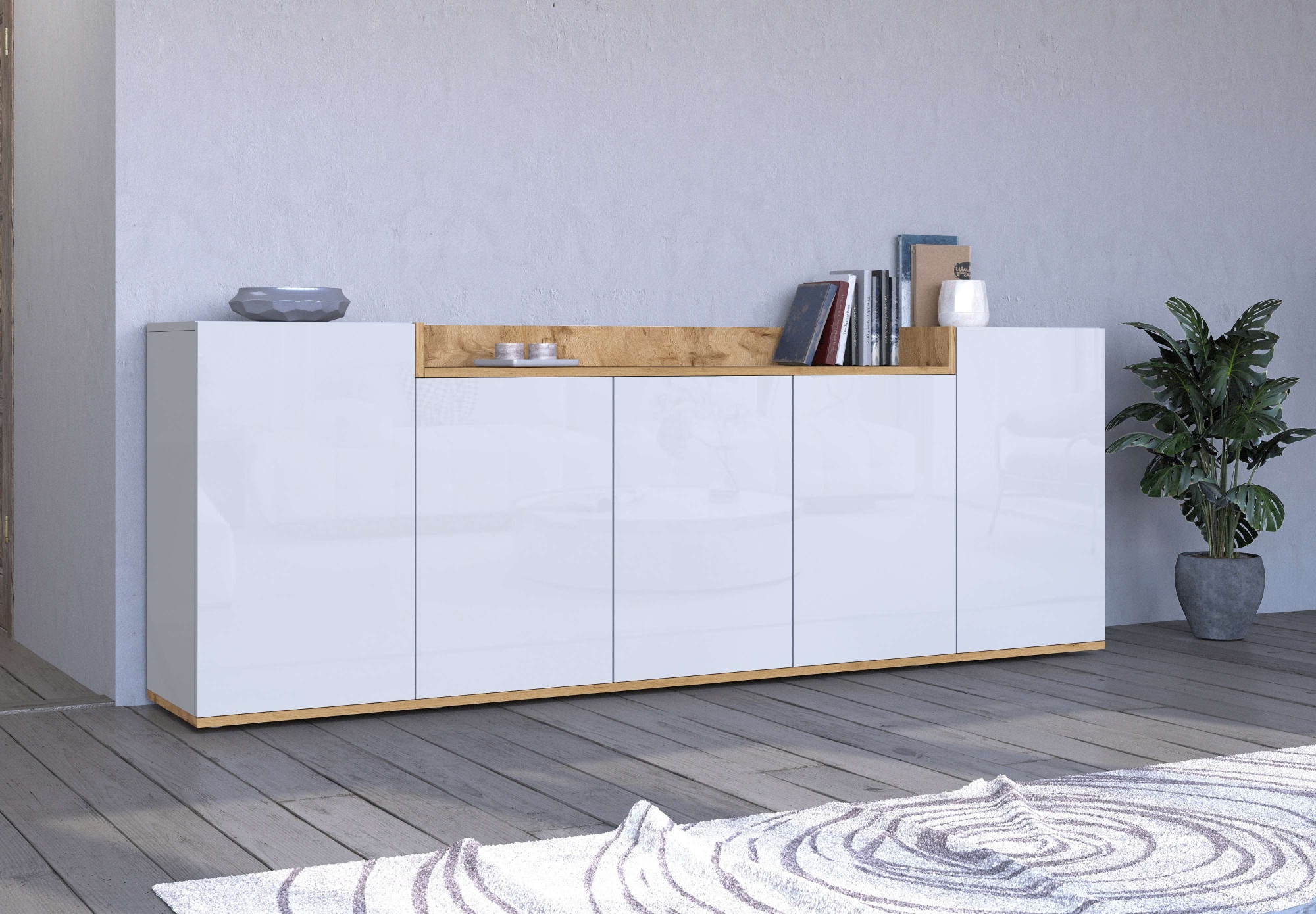 GOODproduct Sideboard »BOLSENA, Kommode, Schrank,Lowboard mit 8 Fächer und offenes Ablagefach« 1 Stk. tlg. Breite 200 cm,stehend/hängend,Fronten Hochglanz lackiert,Made in Italy