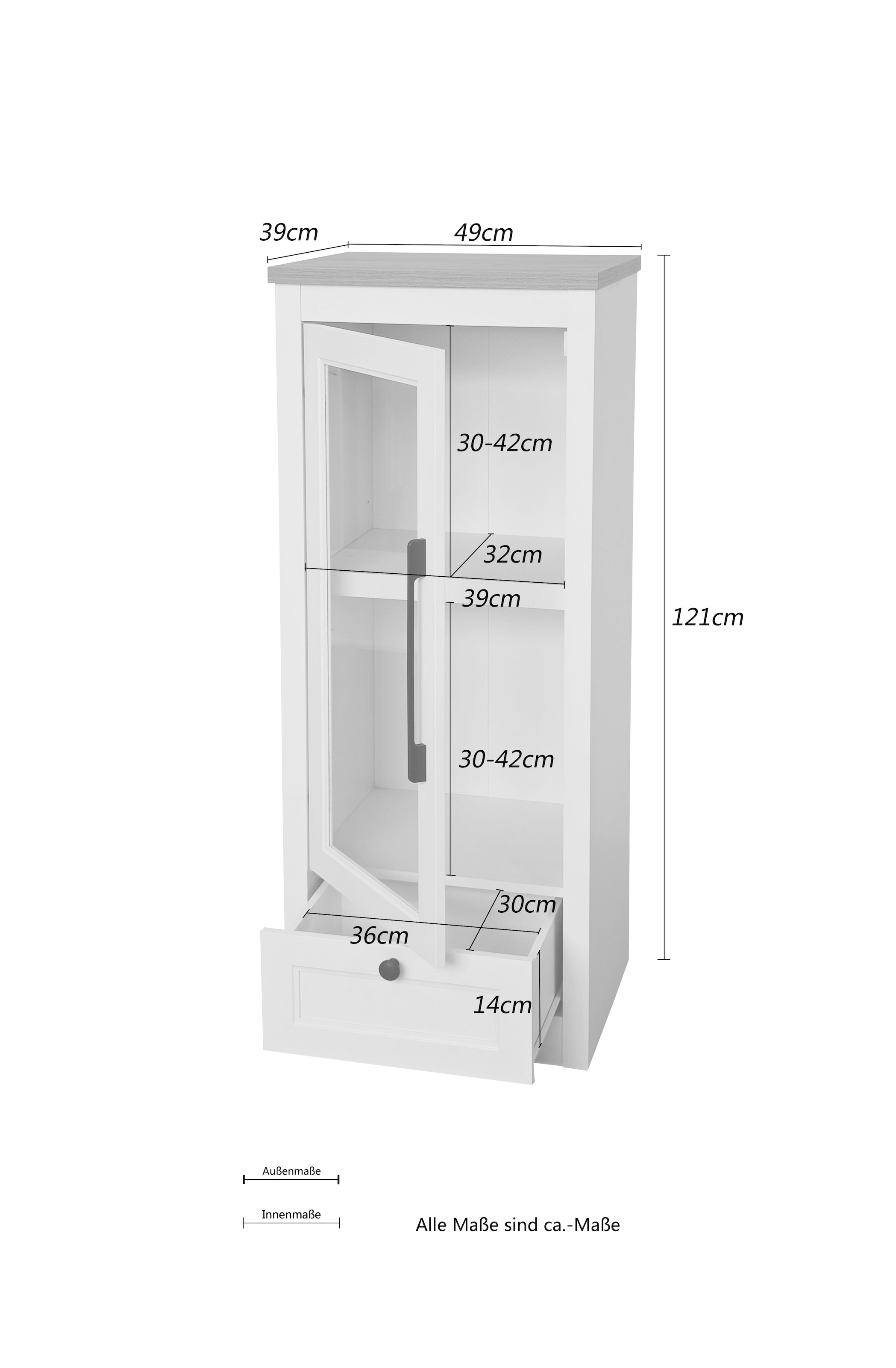 GOODproduct Vitrine »Ismund« aus MDF, mit Holz-Zierleiste, schwarzem Metallgriff, Höhe 121 cm