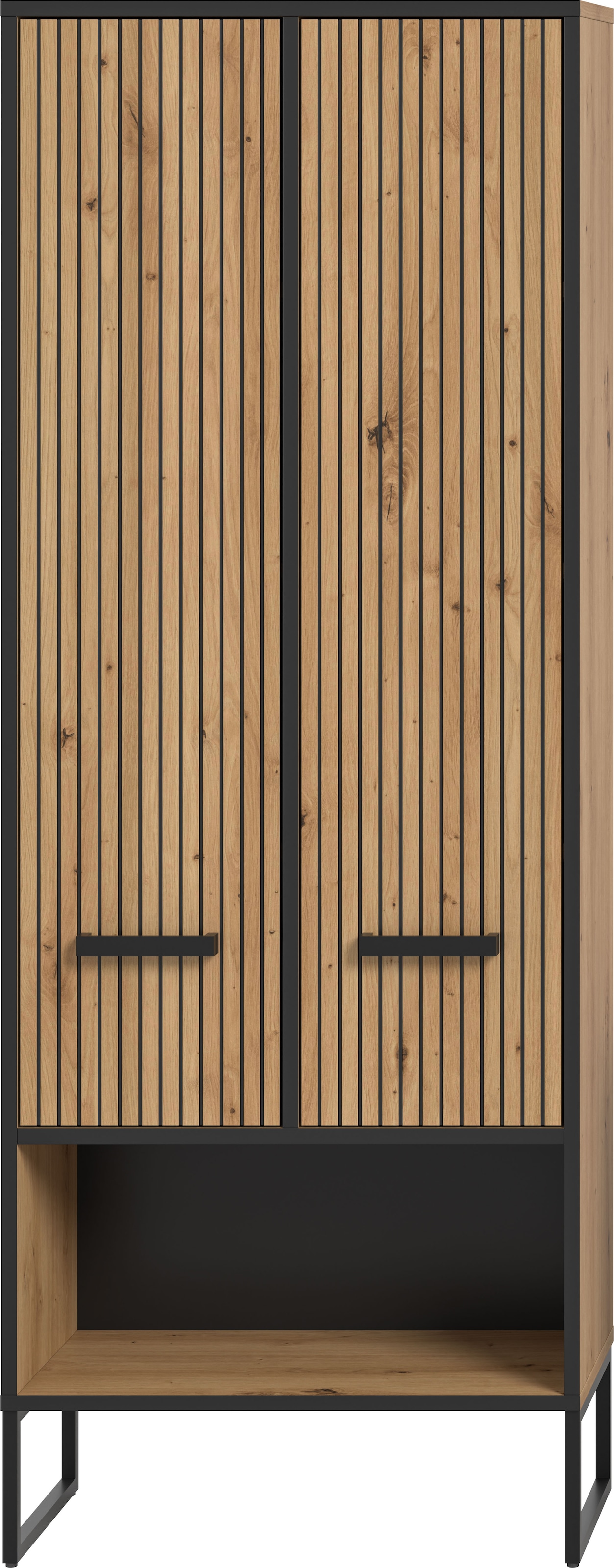 welltime Armoire haute »LOCRI, Höhe 159 cm, 2 Türen, 6 Einlegeböden, 1 offenes Fach« Look industriel avec rainures & patins métalliques, 1 cuis tlg. semelles intérieures variables, design moderne, armoire de salle de bain, salle de bain