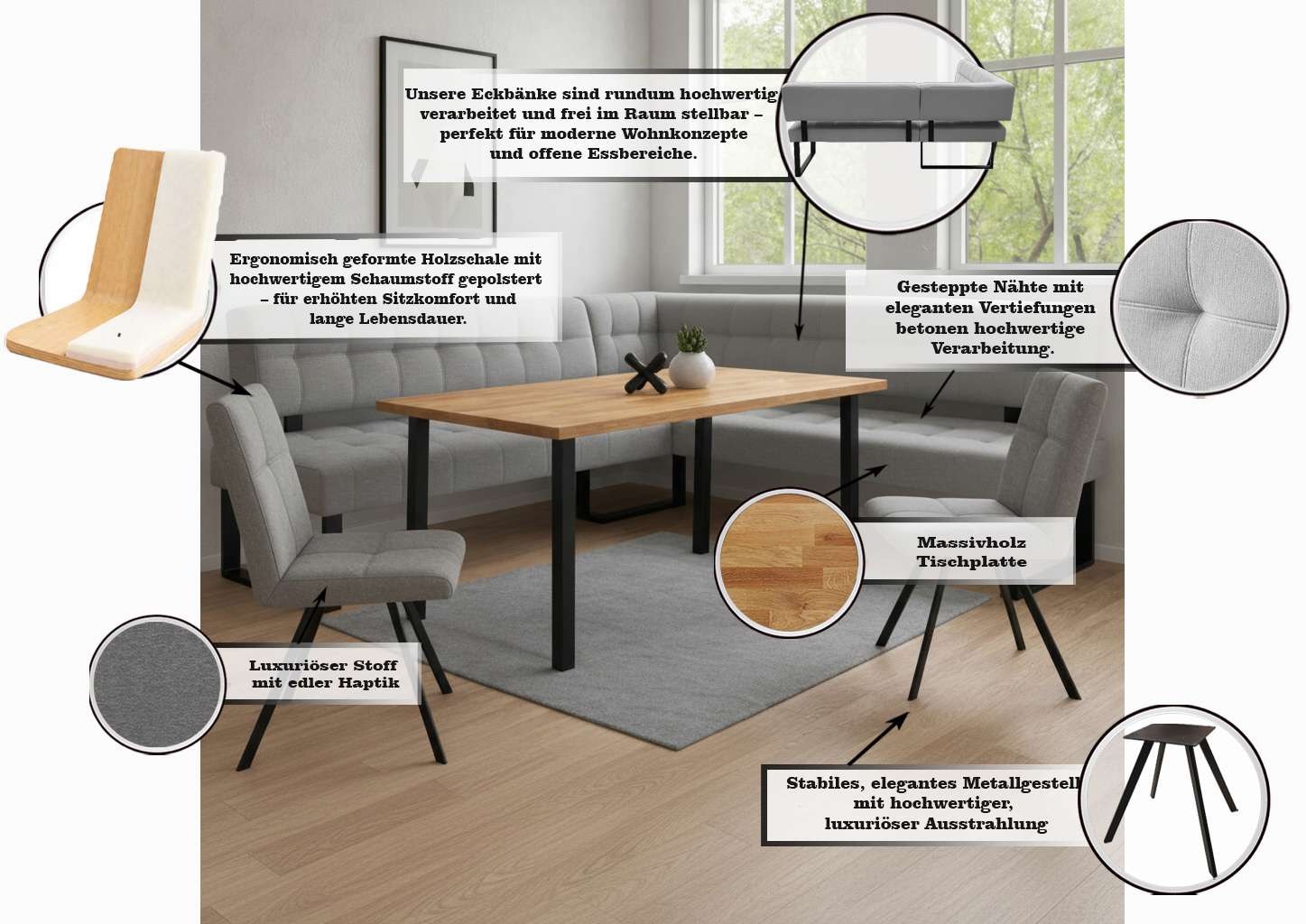 Home affaire Ensemble de bancs d'angle »Mia Essecke, Sitzgruppe, Eckbankgruppe, Küchenbankgruppe« Set, 4er, 4 tlg. Eckbank mit Wellenfederung; Tisch in Eiche massiv