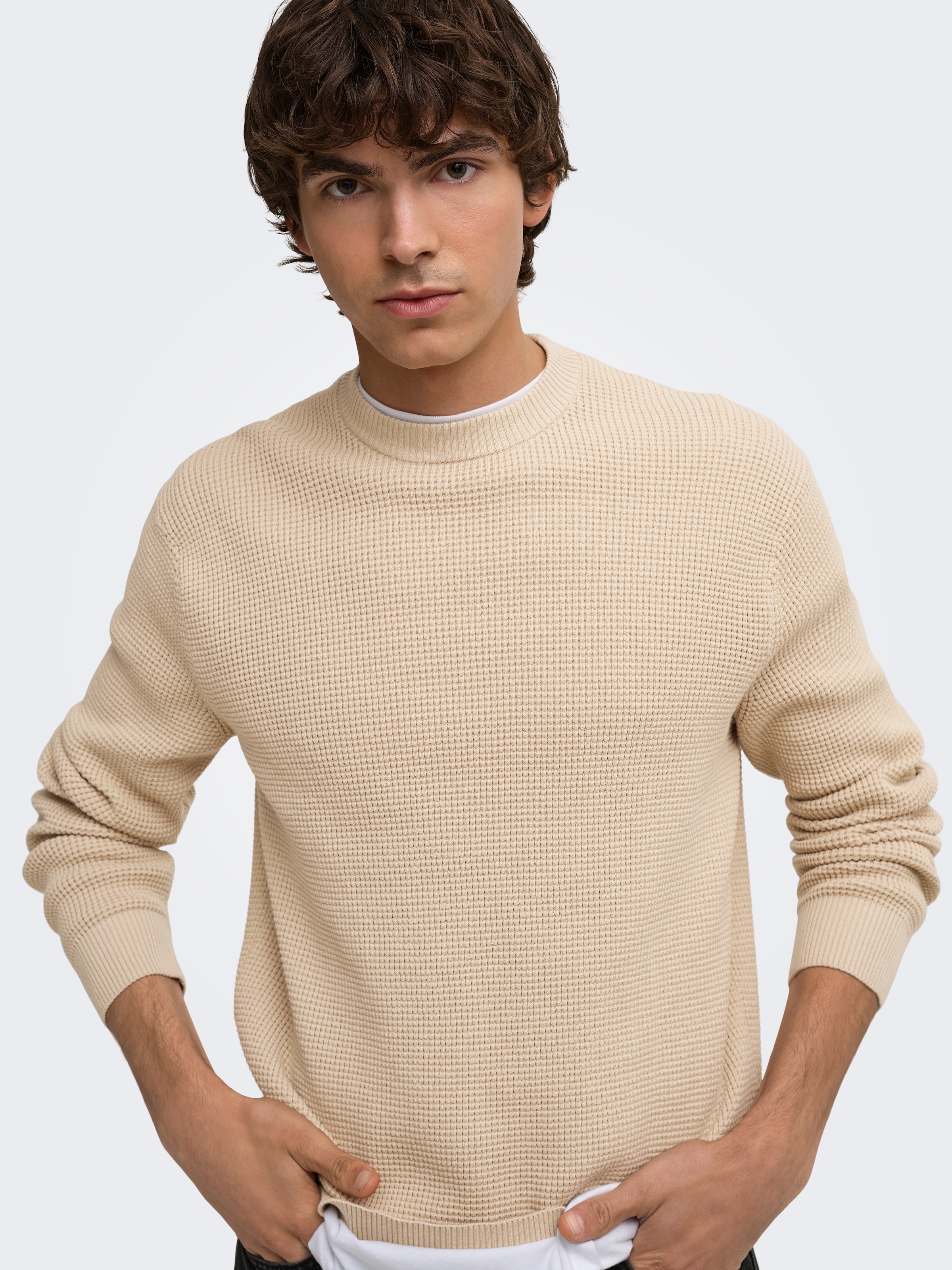 ONLY & SONS Pull à col rond »ONSMARIUS LS WAFFLE CREW REG OTL« mélange coton, coupe régulière