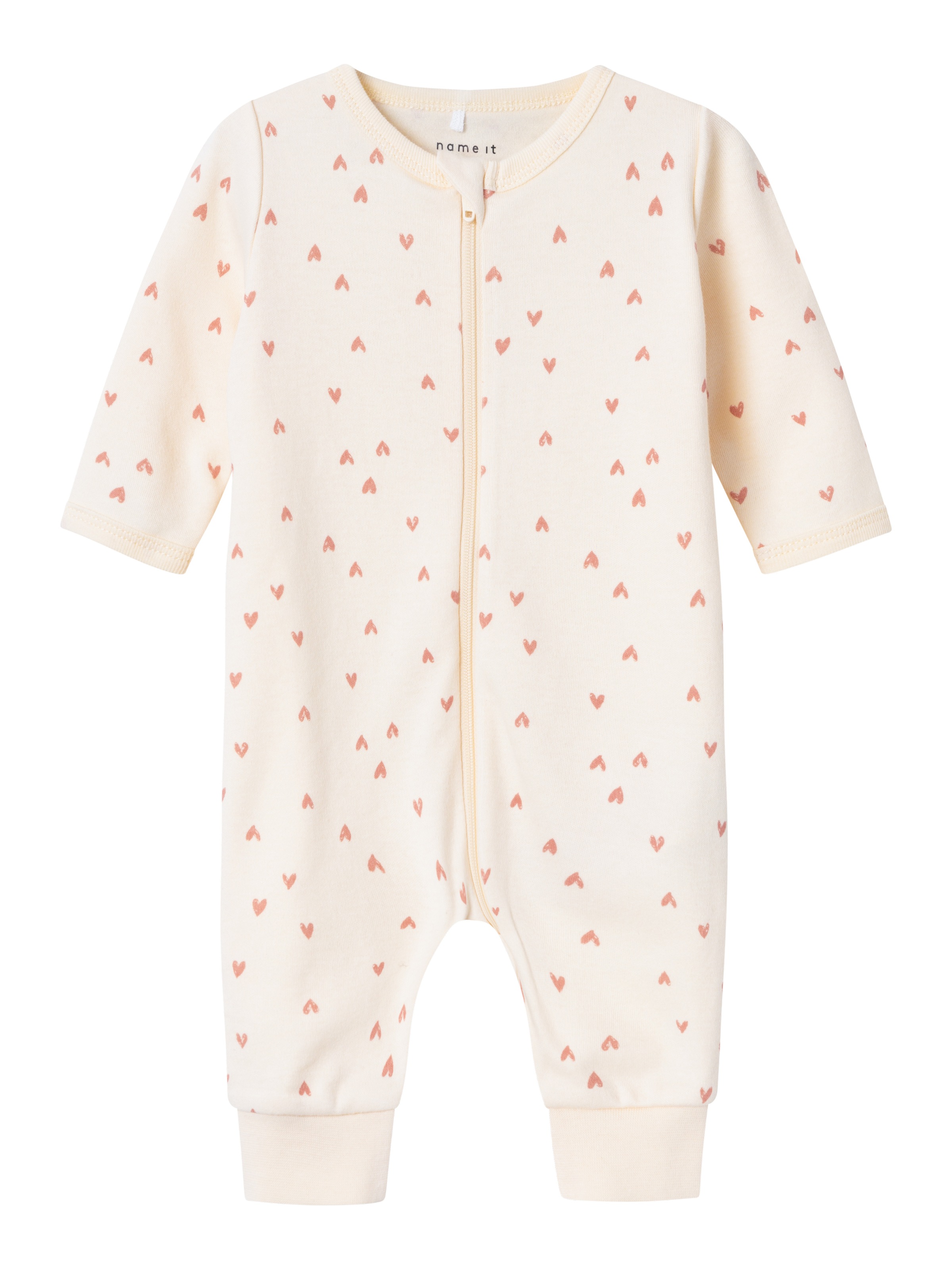 Name It Schlafanzug »NBFNIGHTSUIT ZIP BUTTERCREAM HEARTS NOOS« aus Baumwolle in Jersey-Qualität, Relaxed Fit, mit Reissverschluss