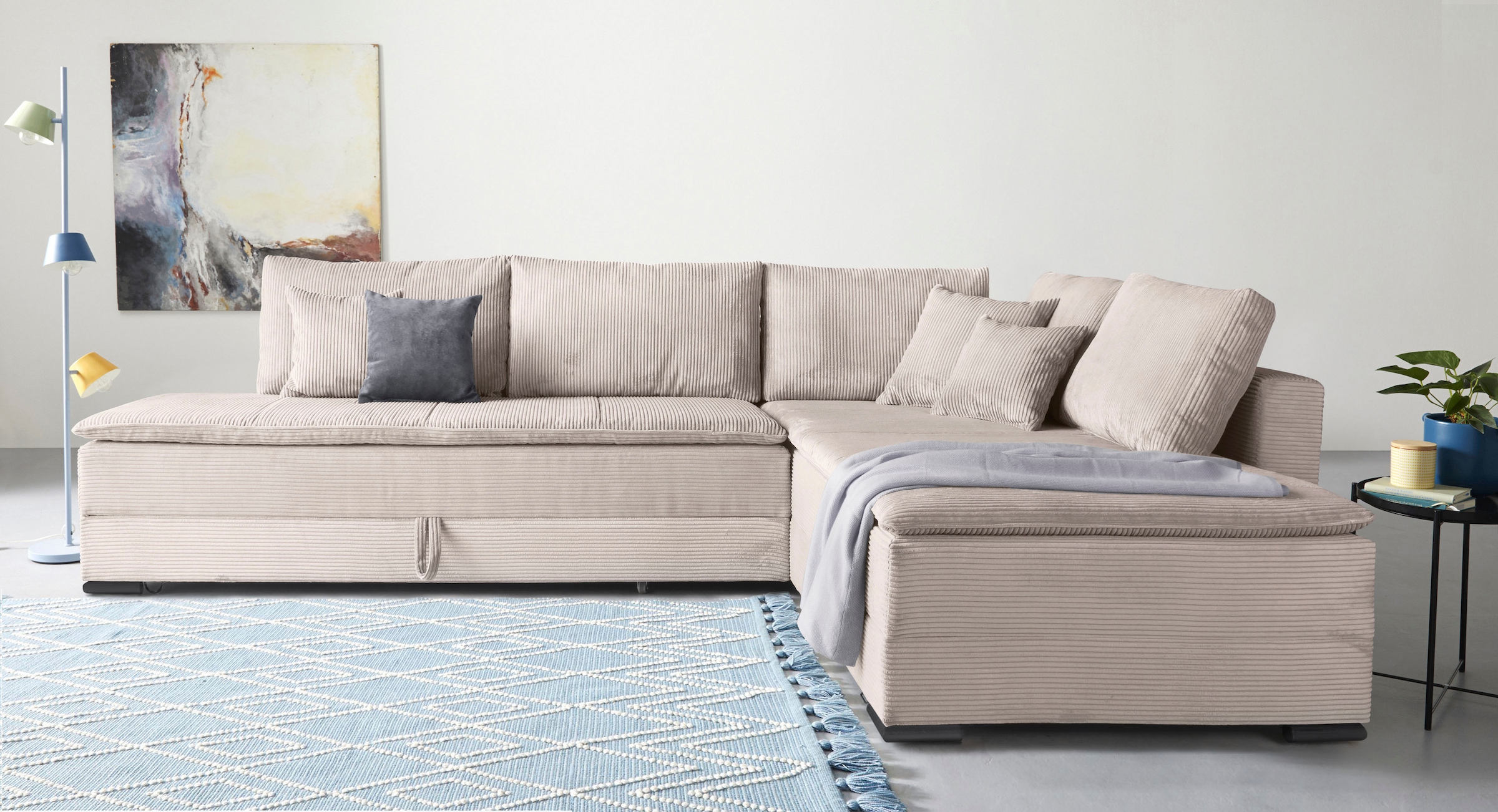 Home affaire Canapé d'angle »Night & Day L-Form, B: 321 cm, mit Dauer-Schlaffunktion 180x200 cm« Bettfunktion, Bettkasten, Topper & 3 Zierkissen, Boxspringbett in Cord