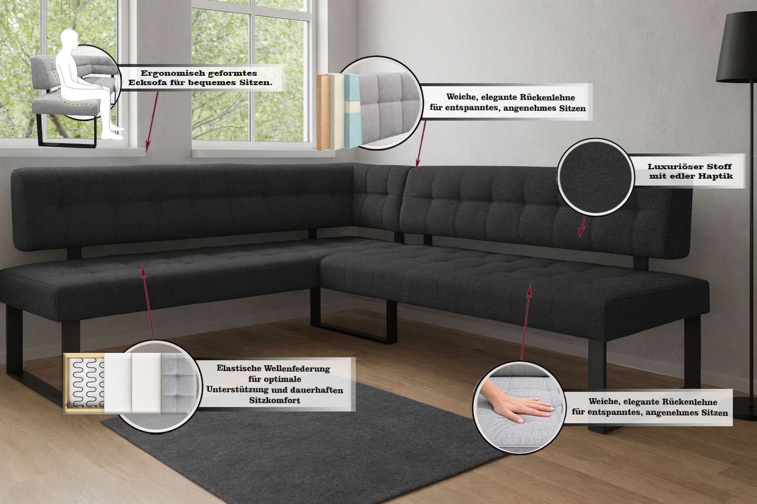 Home affaire Banc d'angle »Mia Küchenbank, Polsterbank, Esszimmerbank, 207x167 cm« Moderne Bank und  Farben, Sitzplatzanzahl: 5, Frei in Raum stellbar