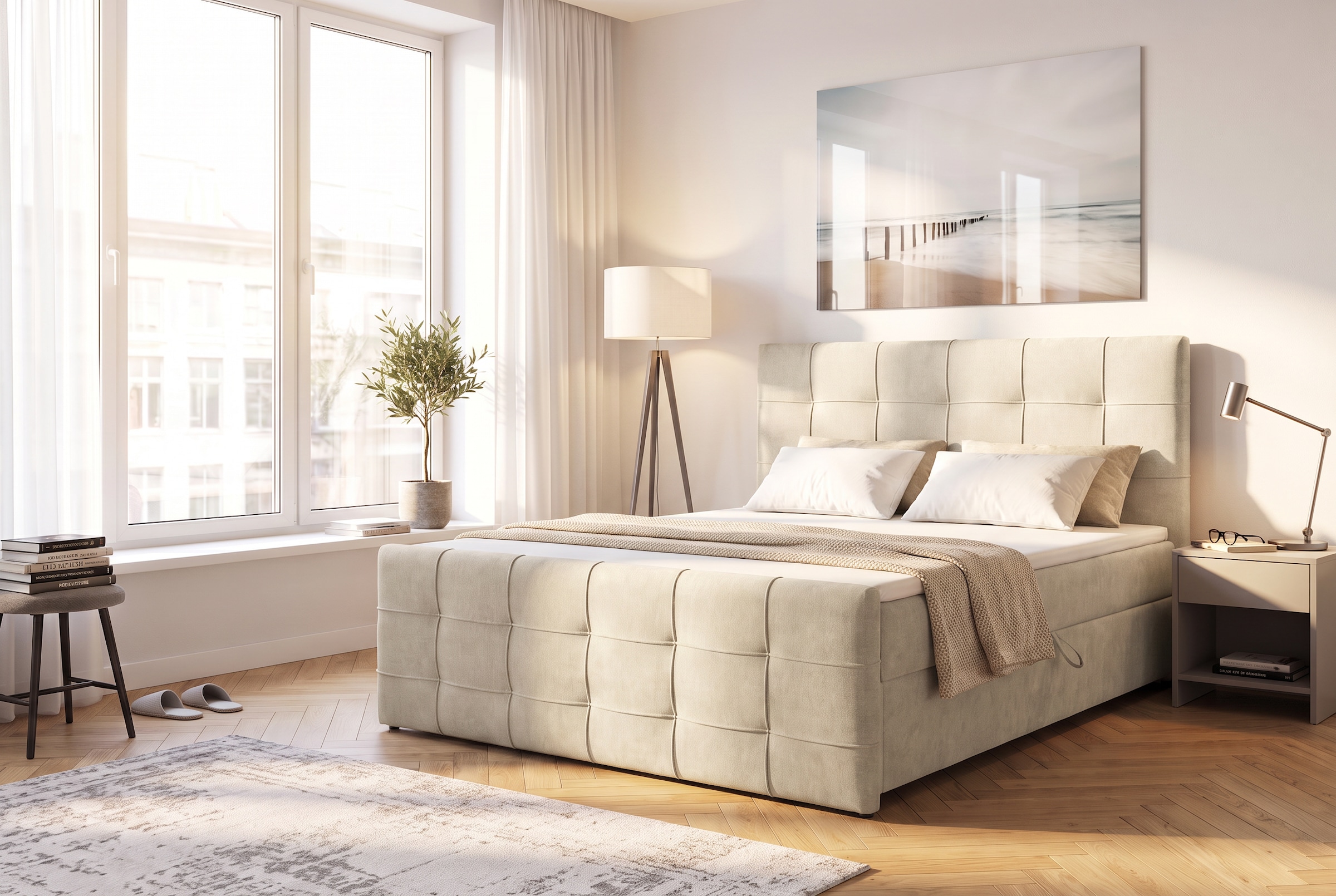 GOODproduct Lit de boxe »LILIENNE, Polsterbett mit Bettkasten und Taschenfederkernmatratze H3« avec surmatelas en mousse froide, revêtement en chenille, 160x200 & 180x200 cm
