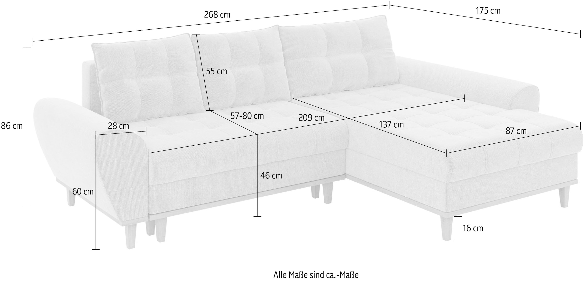 Home affaire Ecksofa »Ahrdorf mit Bettfunktion und Bettkasten, Masse: B/H/T 268/86/175 cm« L-Form mit 3 Rückenkissen  und moderne gerundete Armlehnen