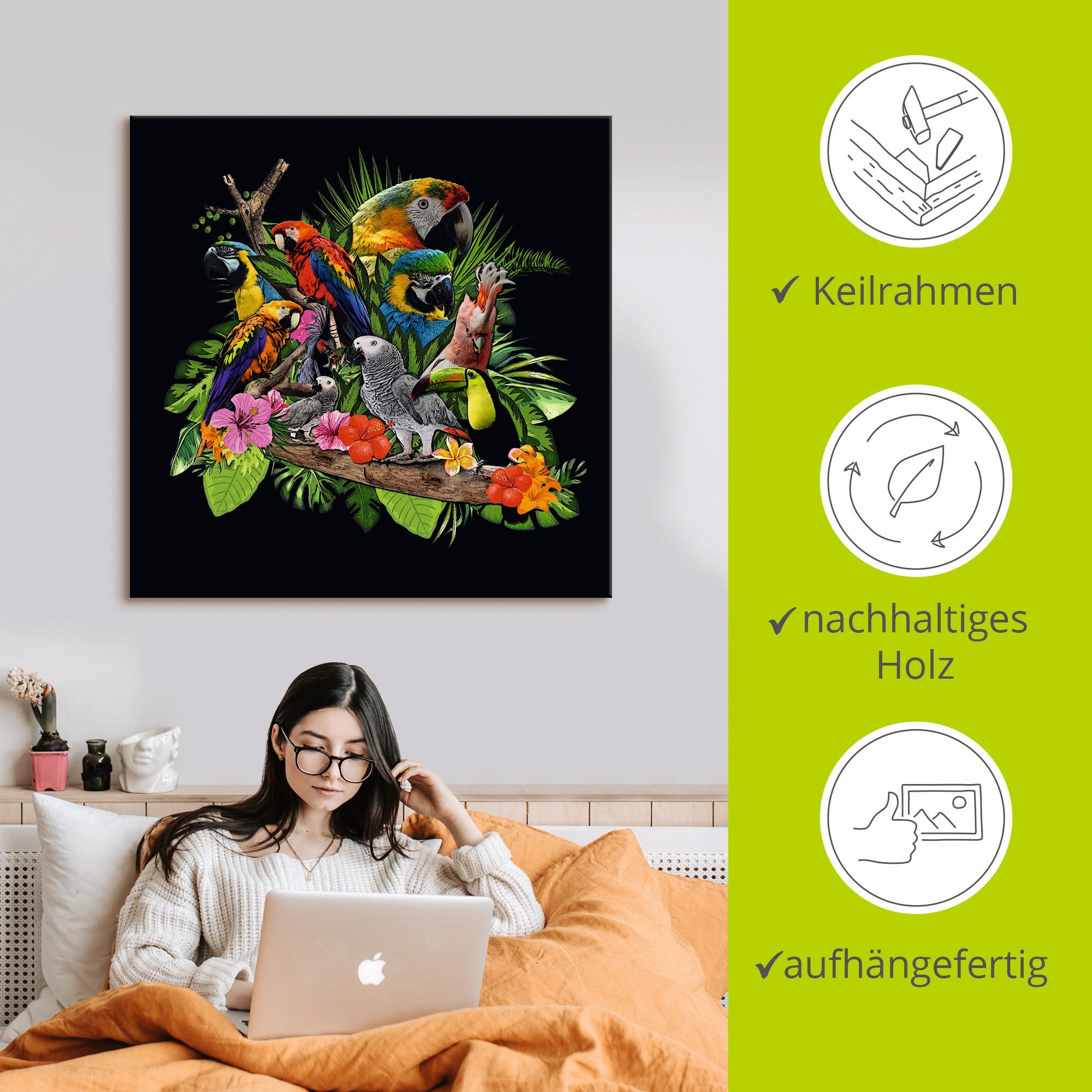 Artland Leinwandbild »Papageien Graupapagei Kakadu Dschungel« Vögel 1 Stk. tlg. auf Holzrahmen gespannt