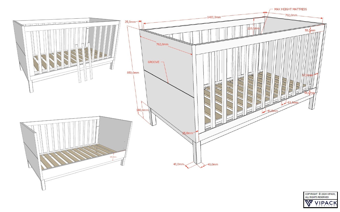 Vipack Ensemble de meubles pour bébé »Set best. aus Babybett 70/140, Kommode 3 Schubladen, Wickelaufsatz« 3 cuis tlg. au design épuré, surface laquée facile d'entretien en blanc