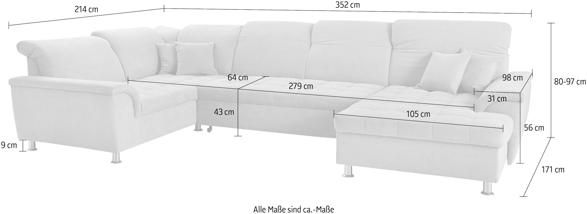 DOMO collection Paysage de salon »FRANZI mit Kopfteilverstellung, U-Form mit viel Platz, bequem« XXL-Sofa, U-Form, belastbar bis 140kg/Sitz, graphite, Breite: 352cm