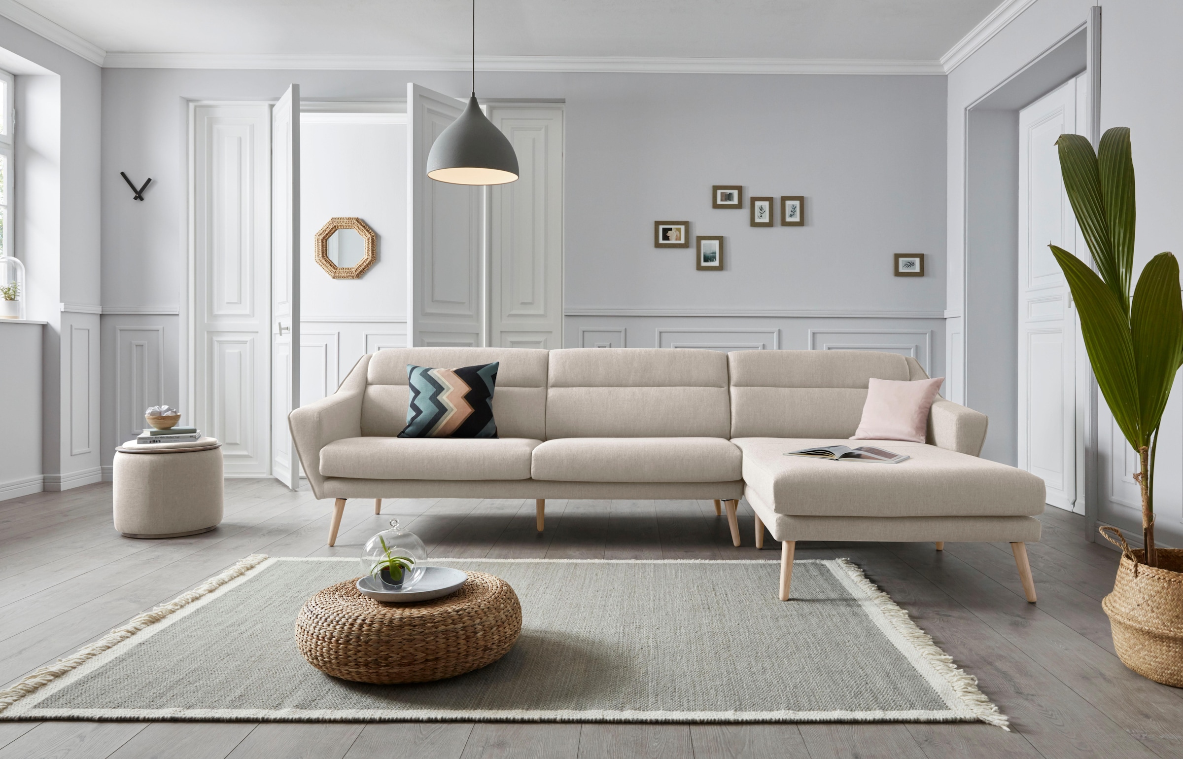 andas Ecksofa »Bille L-Form« mit Naht im Rückenkissen und Beinen aus Eichenholz