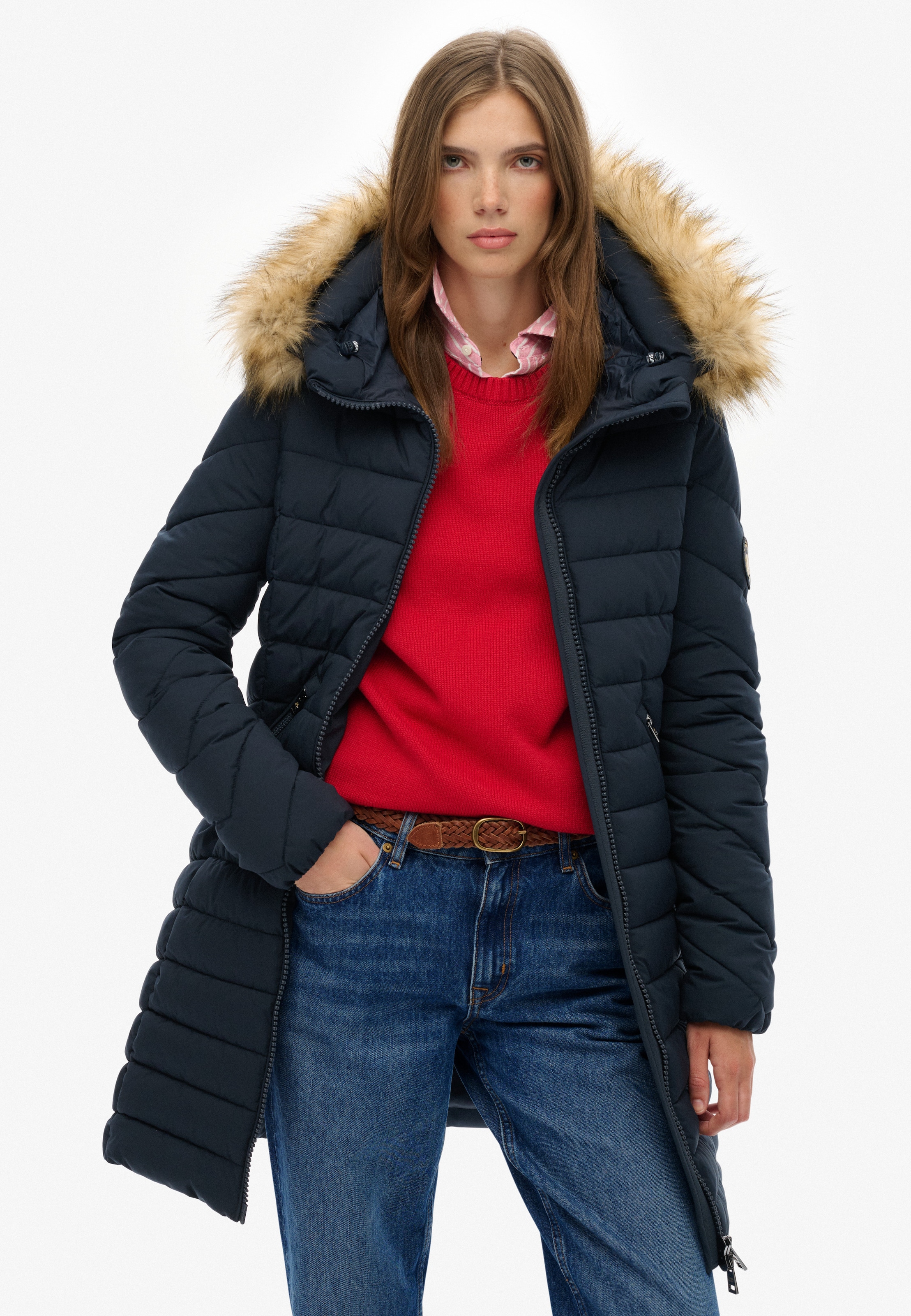 Superdry Veste matelassée »FUJI FAUX FUR HOOD MID LENGTH« mit Kapuze