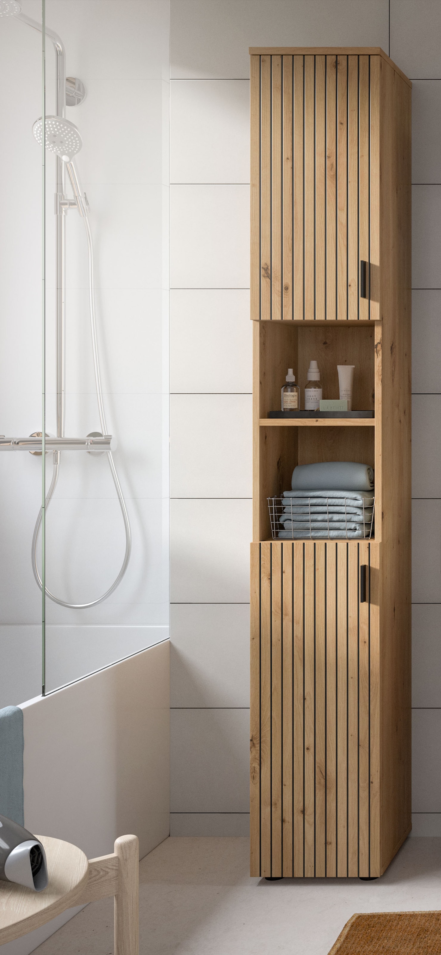 welltime Armoire haute »MANI, Höhe: 192 cm, Paneeloptik, 2 offene Fächer, 2 Türen« 1 cuis tlg. Hochschrank, Bad-Schrank, Badezimmerschrank, Bad, Badezimmer