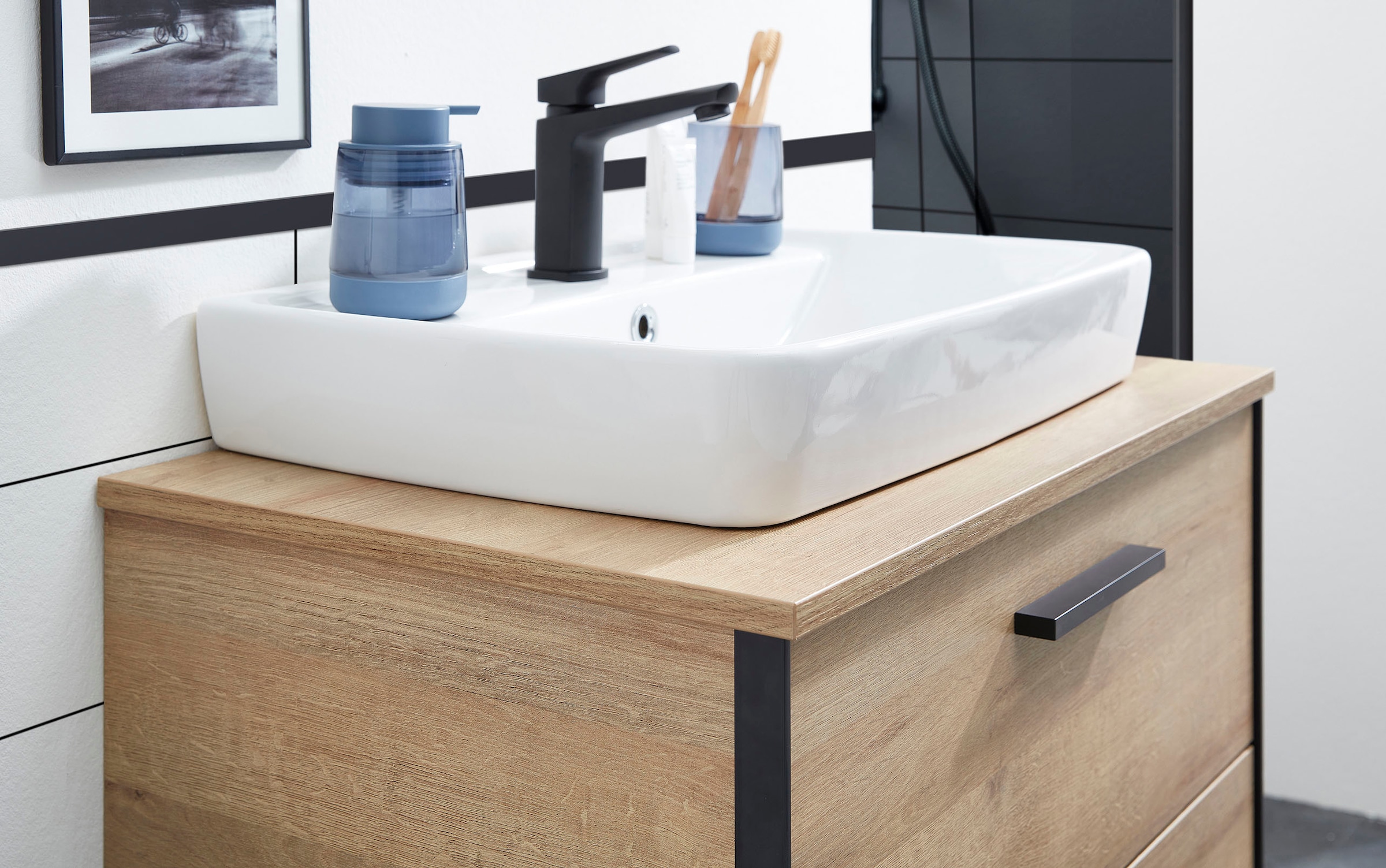 Saphir Ensemble de meubles de salle de bain »Quickset 395 2-teilig, Keramik-Aufsatzbecken mit LED-Spiegelschrank« 4 cuis tlg.