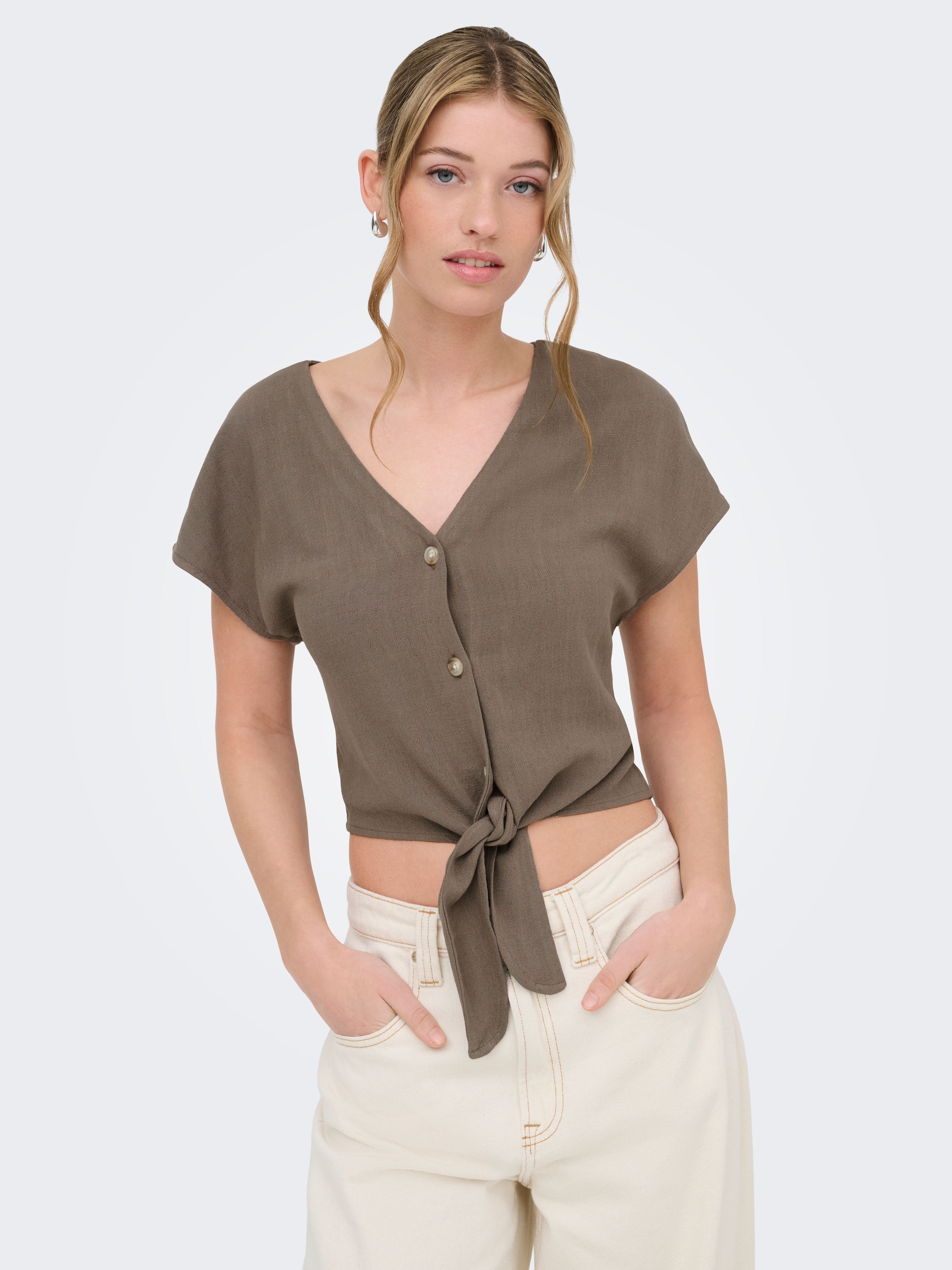 ONLY Blouse à manches courtes »ONLSIESTA SS KNOT LIN BL SHIRT PNT NOOS« mélange viscose, coupe régulière