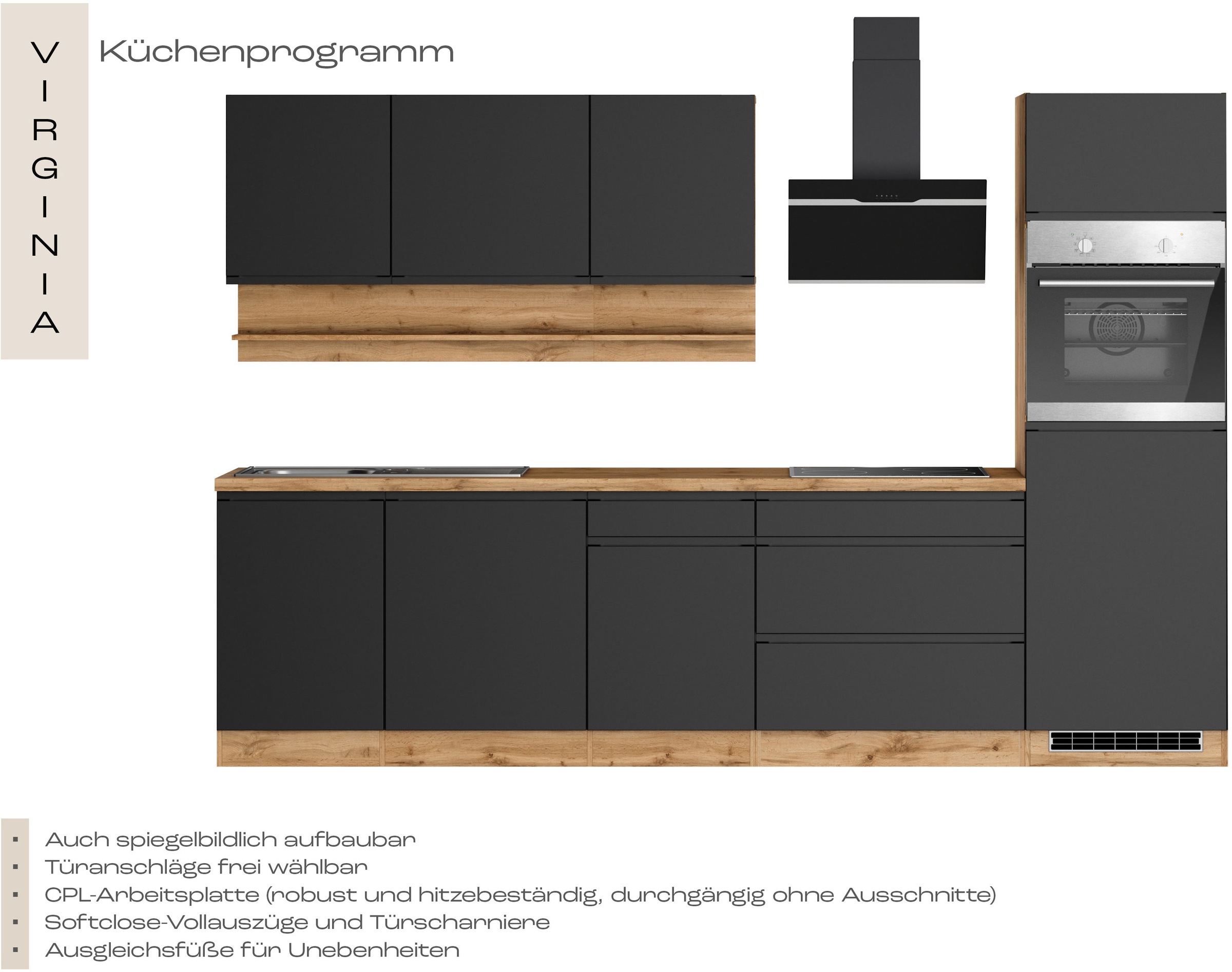 KOCHSTATION Kitchenette »KS-Virginia,neu in verbesserter Ausführung« plan de travail épaisseur 38 mm, rangement, fermeture douce,  largeur 300 cm, fermeture douce, avec appareils électriques en option