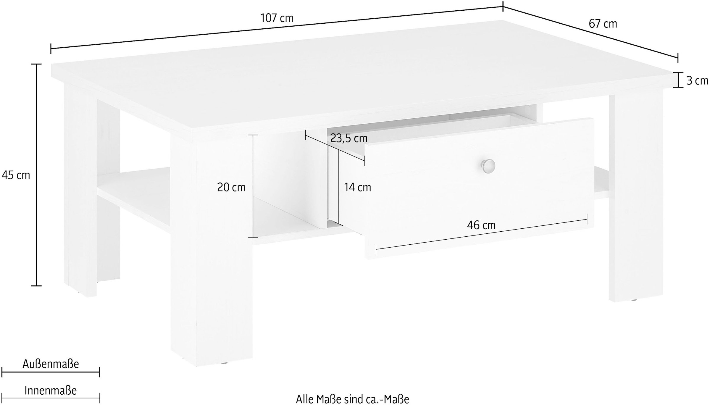 Home affaire Couchtisch »RAVENNA« im zeitlosen Landhausstil, Breite 107 cm, Griffe aus Metall