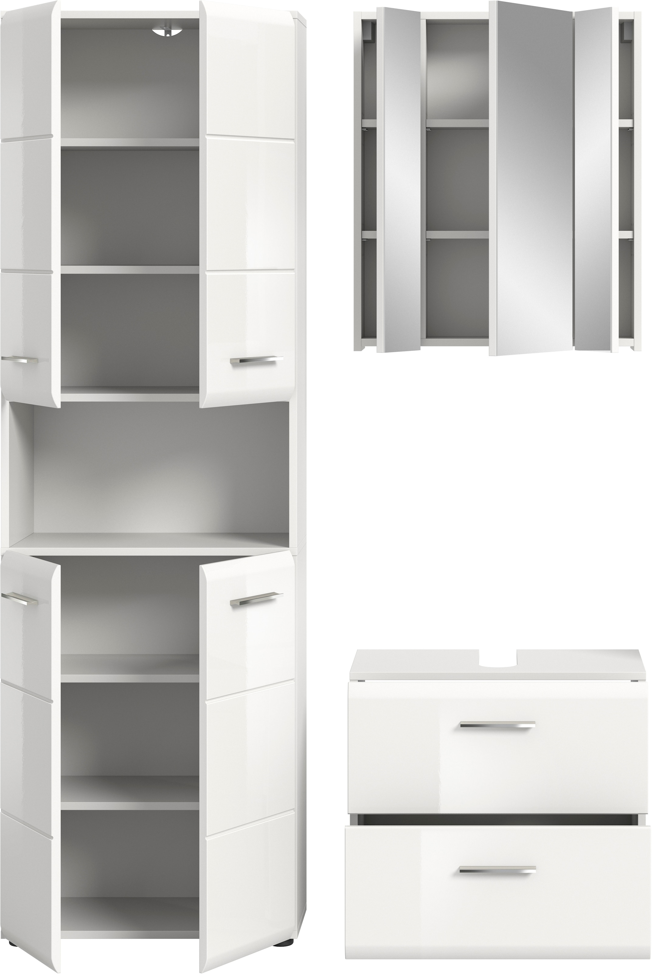 welltime Badmöbel-Set »FLORENZ,  3-teilige Badkombination, hochwertige MDF-Front« Set, best. aus: 1 Hochschrank, 1 Waschbeckenunterschrank, 1 Spiegelschrank, 