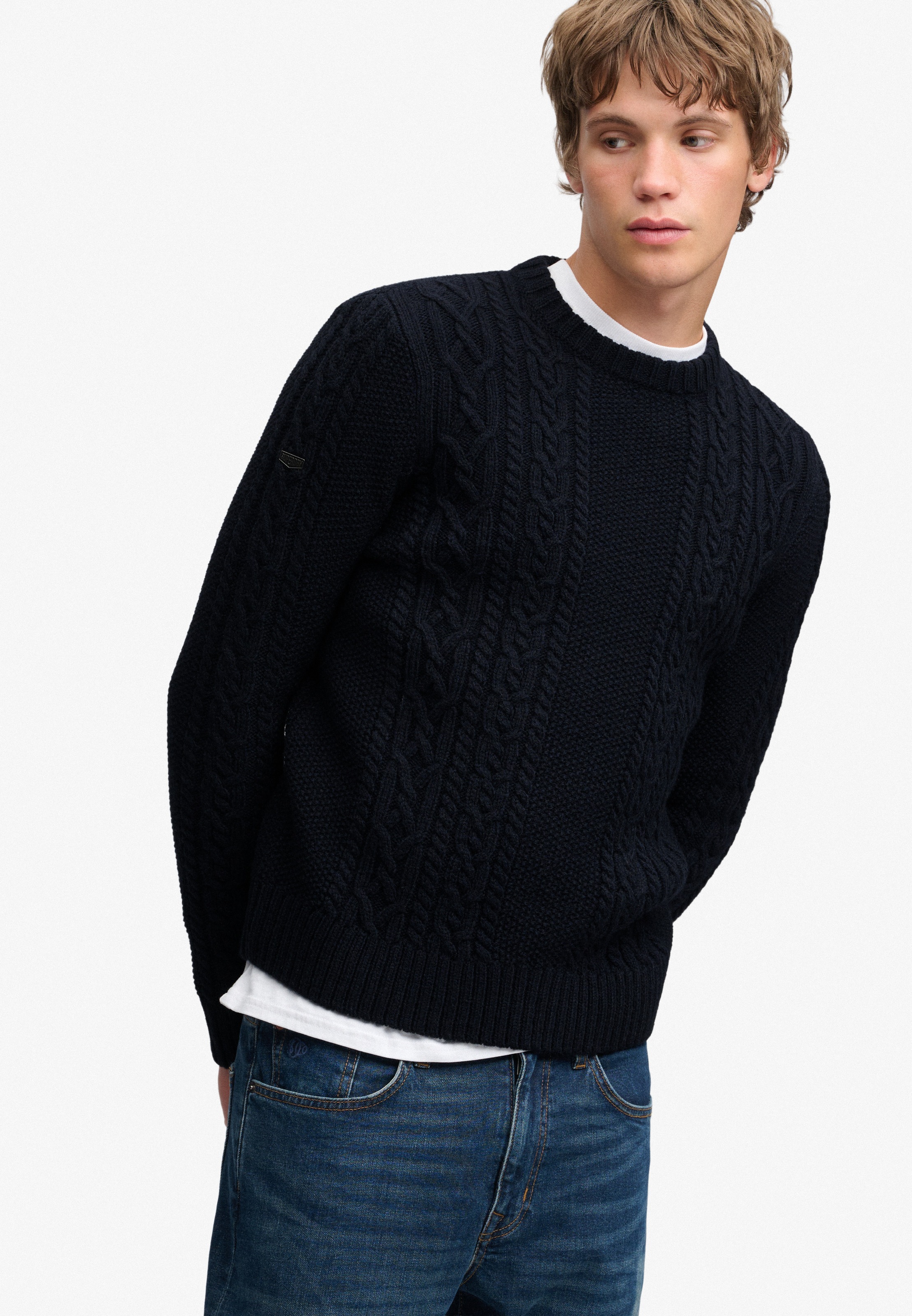Superdry Pull à col rond »JACOB CABLE JUMPER« mélange de matériaux, coupe régulière