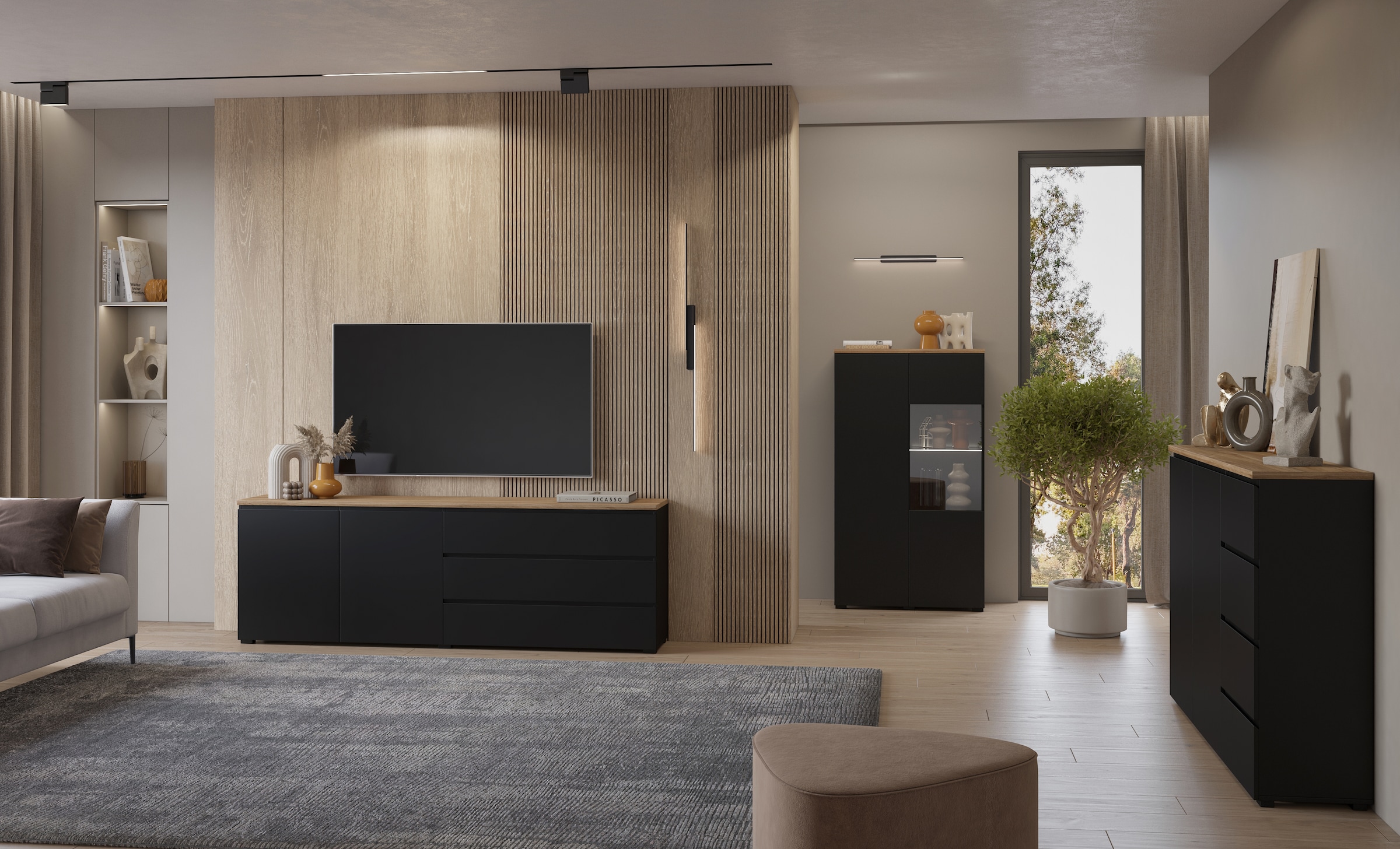 GOODproduct Sideboard »Modo, Breite 200 cm, moderne grifflose Kommode 2Türen/3 SK« Schubladenkommode mit viel Stauraum, Einlegeböden verstellbar