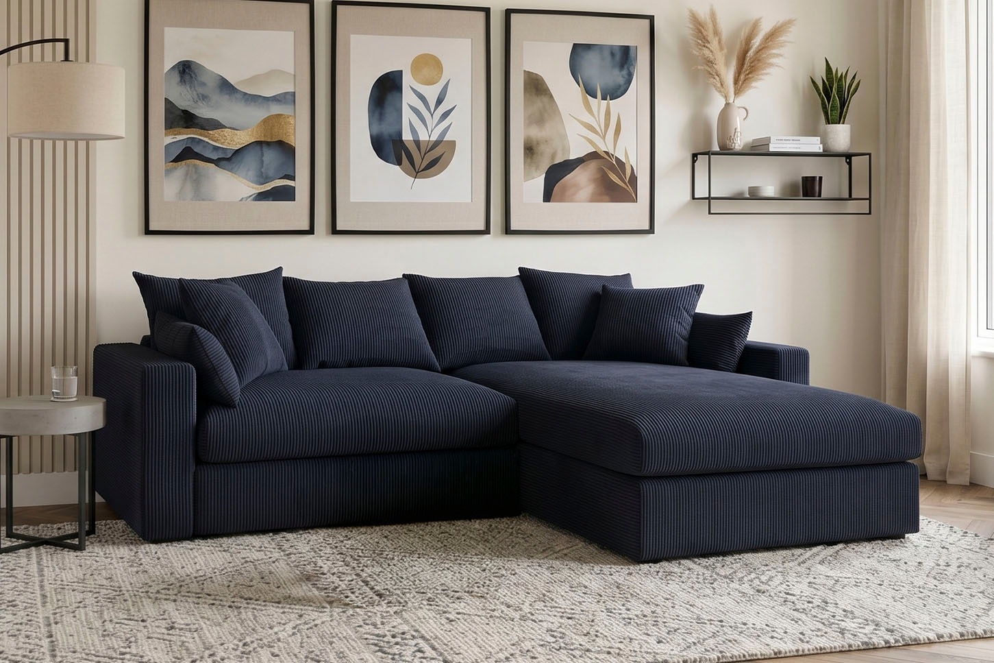 GOODproduct Canapé d'angle »Cosy Lounge L-Form, Breite 268 cm« méga canapé recouvert de velours côtelé, avec ressorts et 5 coussins décoratifs