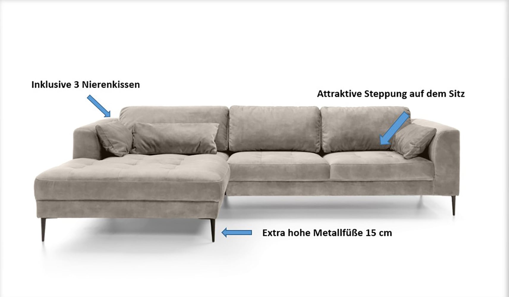 TRENDMANUFAKTUR Canapé d'angle »Luzi, wahlweise mit Schlaffunktion & Bettkasten. , L-Form« canapé design avec grand confort d'assise, pieds métal noirs, largeur 280 cm