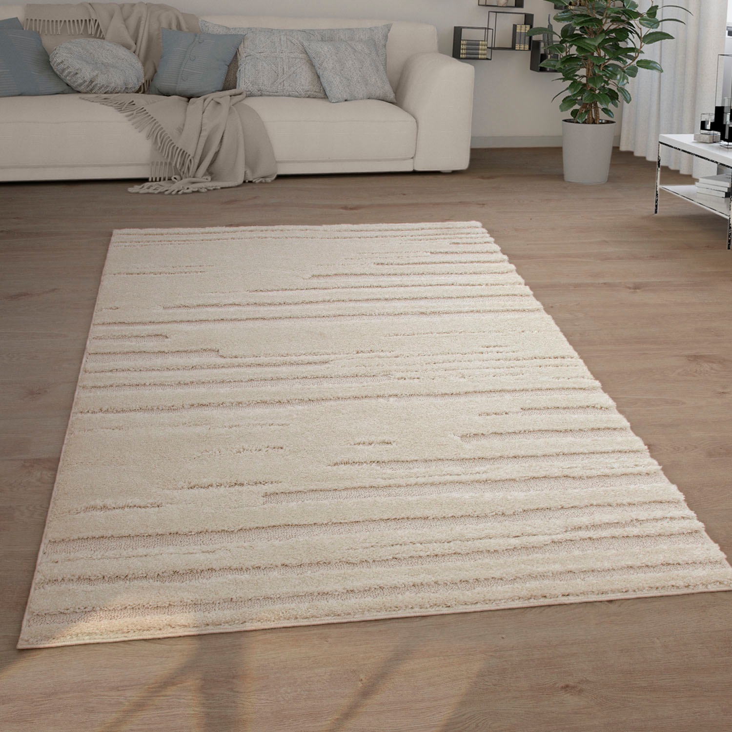 Paco Home Tapis à poils longs »Genua 742« Rectangulaire 34 mm Höhe Uni-Farben, Hoch-Tief Effekt, gestreift, modernes Design, Flor