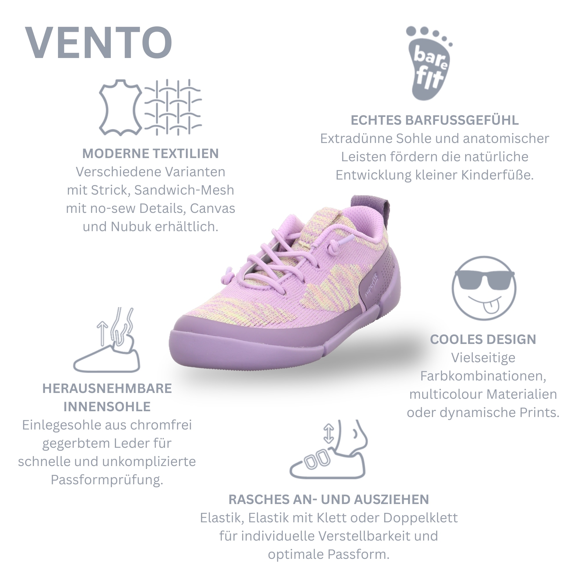 Superfit Baskets slip-on »VENTO WMS: weit«  Chaussure pieds nus, largeur WMS large V, gabarit de taille à télécharger