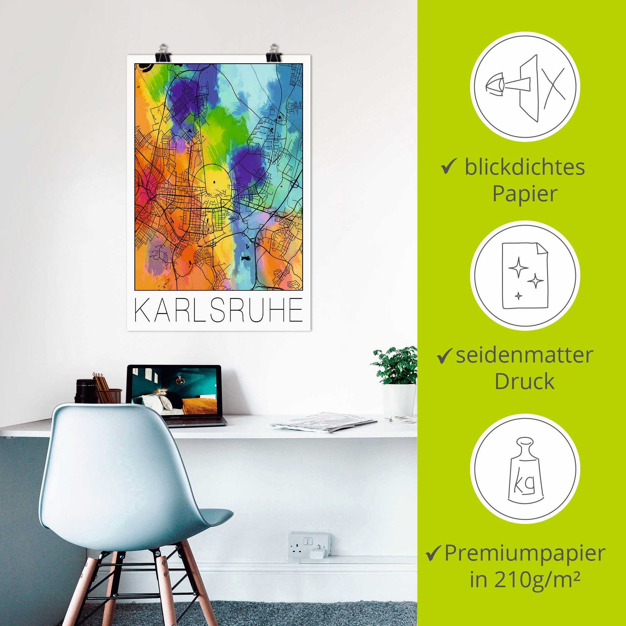 Artland Poster »Retro Karte Karlsruhe Aquarell« 1 cuis tlg. ohne Rahmen