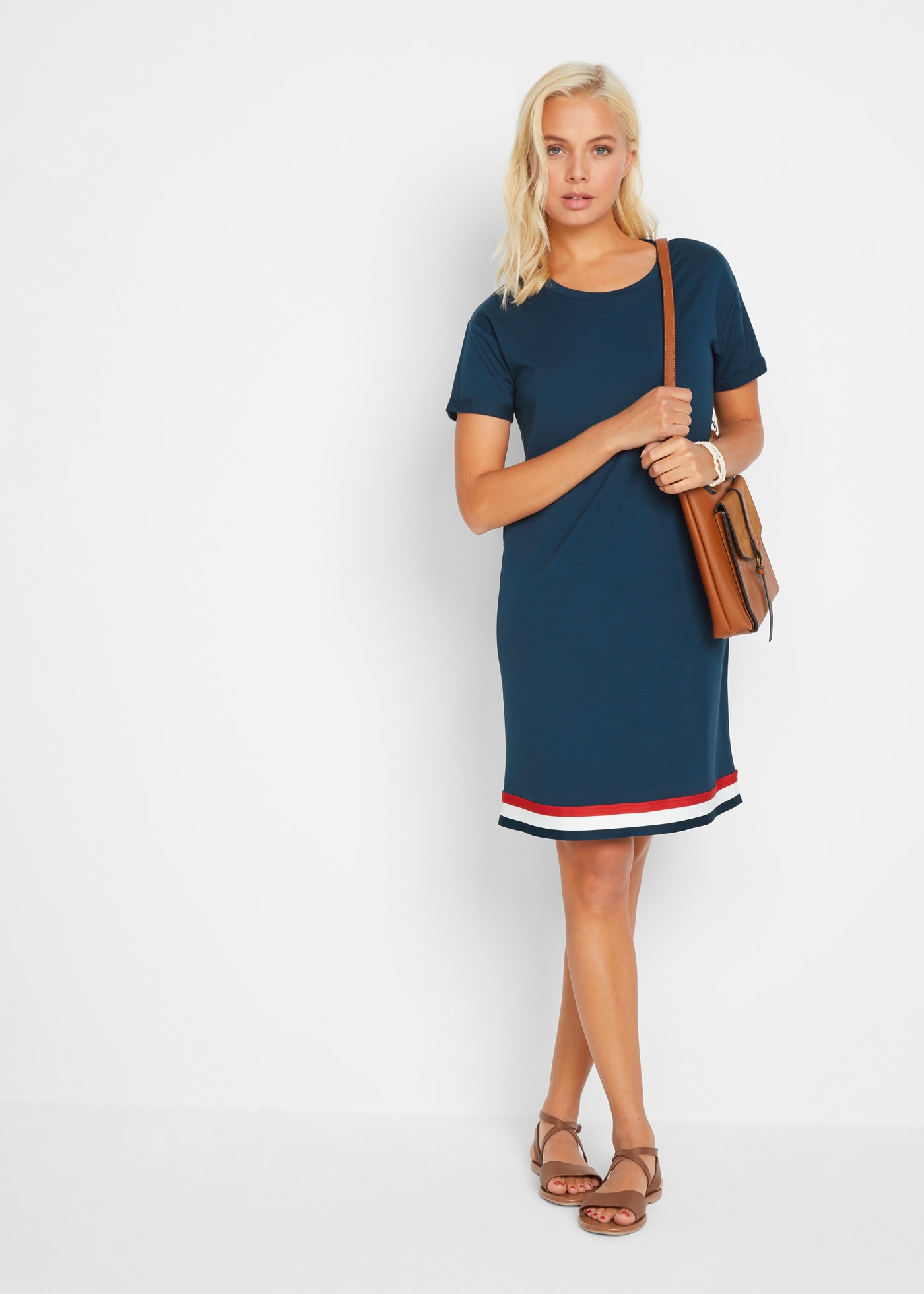 bonprix Sweatkleid unifarben, mit Rundhalsausschnitt, Kurzarm, umgekrempelte Ärmel