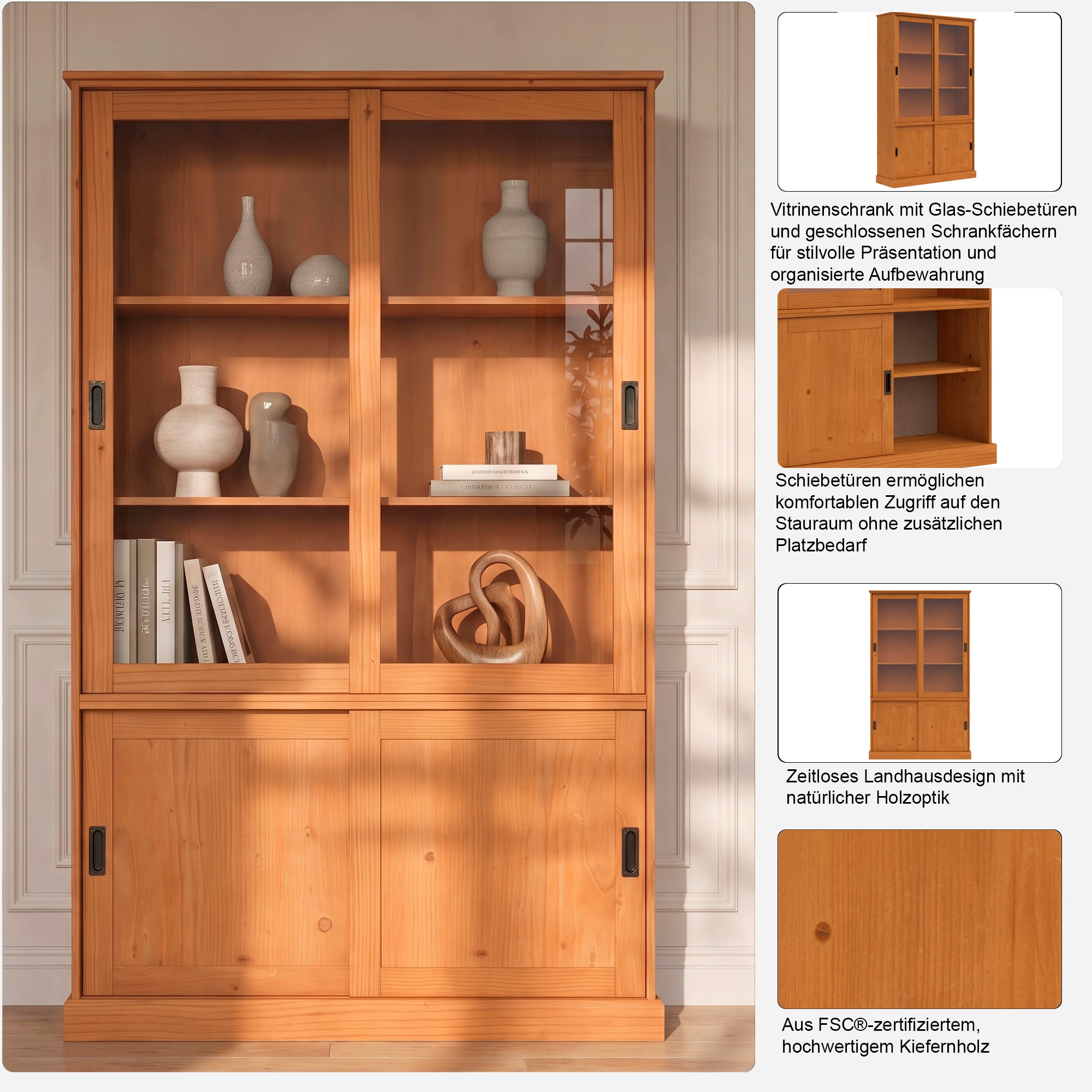 GOODproduct Vitrines »Schröder« avec 2+2 portes coulissantes, en pin massif, largeur 114 cm