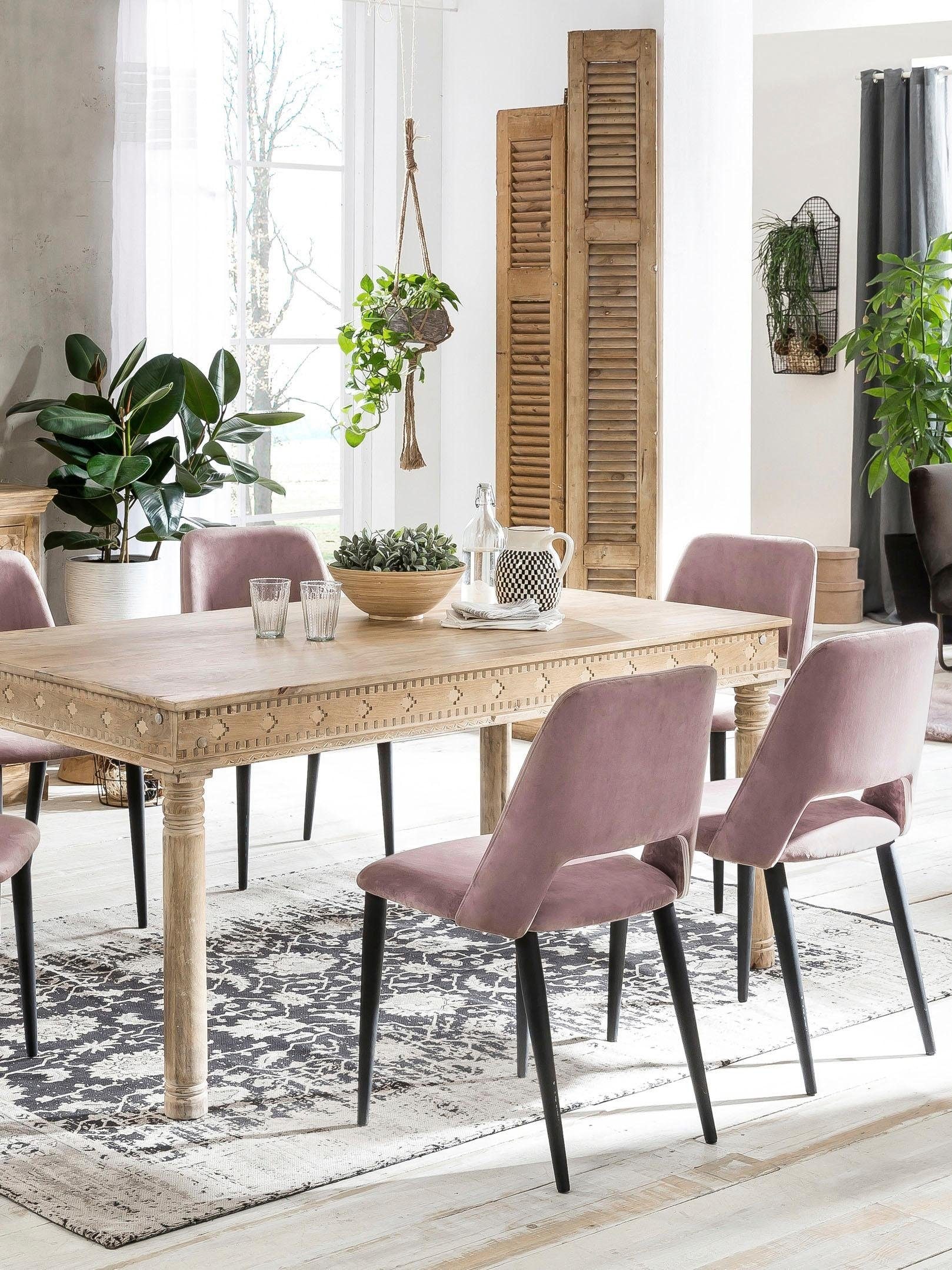 SIT Table de salle à manger »Kas aus Mangoholz mit aufwändigen Schnitzereien und 4 Beinen« Table à manger massive de style oriental avec ceinture décorative