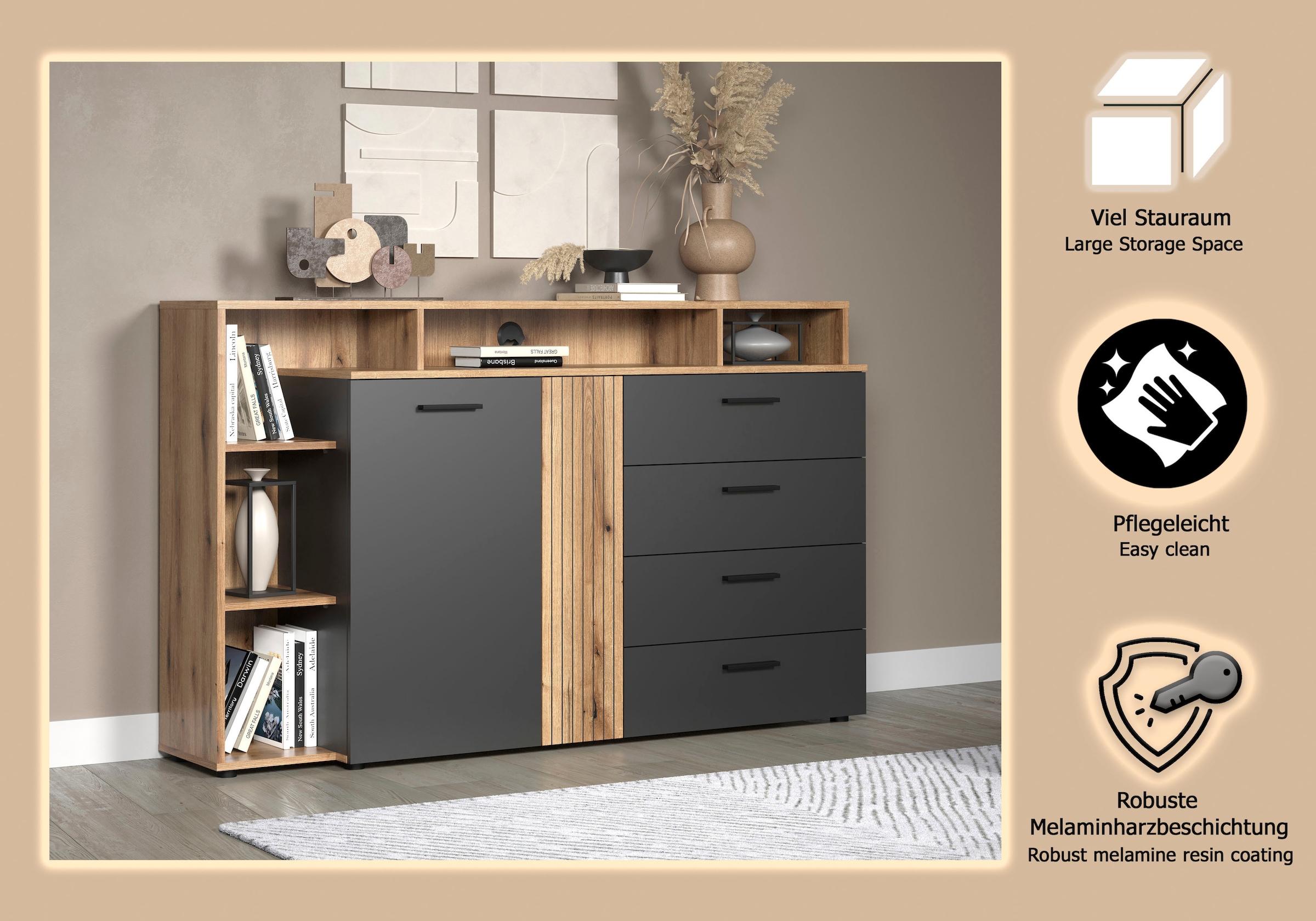 INOSIGN Table basse »Estepona« 1 cuis tlg. TV Kommode mit 2 Türen & 4 Schubladen Vollauszug (B/T/H) 168/38/101 cm