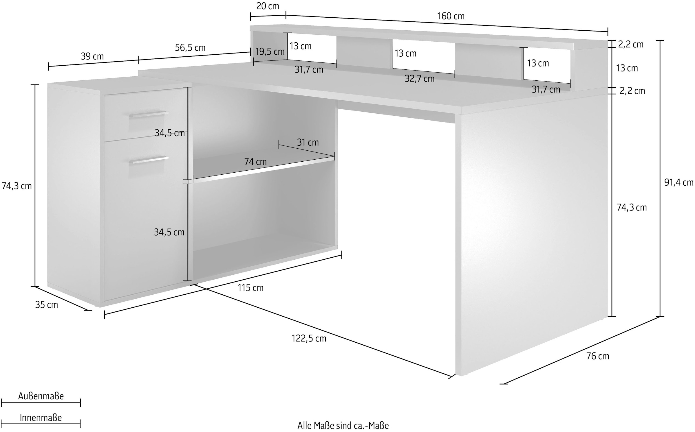 Home affaire Schreibtisch »Chester« 2 Stk. tlg. Gamingtisch mit Lowboard - Arbeitstisch Masse (B/T/H) 160/115/92 cm
