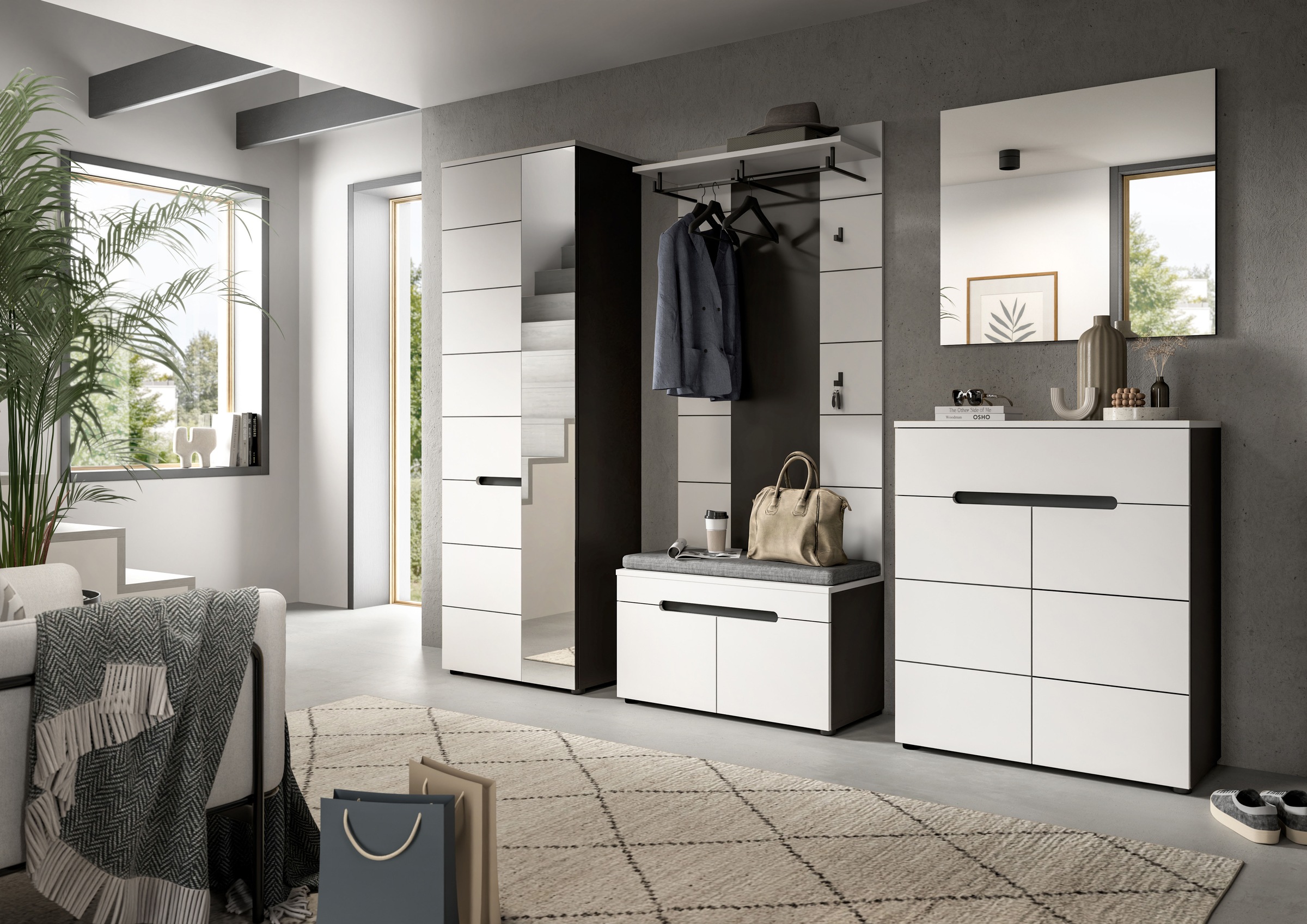 Home affaire Garderoben-Set »REHAT, TOPSELLER!, 5-teilig, Breite 255 cm, individuell erweiterbar« Set, bestehend aus: Schrank, Sitzbank, Sitzkissen, Paneel, Spiegel, Kommode, 6 Stk. tlg.