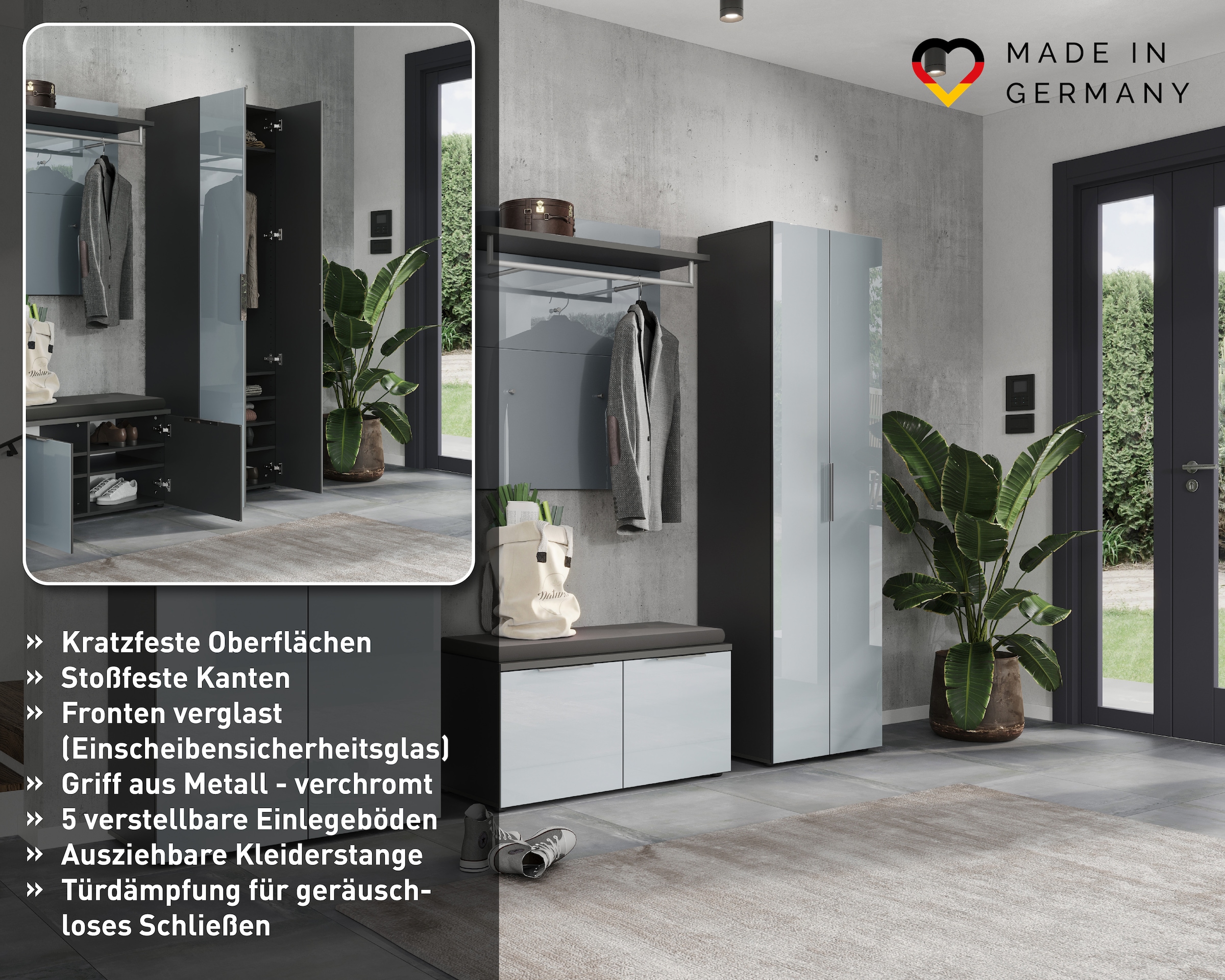 GERMANIA Armoire vestiaire »Oakland mit Glasfront« Largeur : 59 cm, amortissement de porte, étagères réglables, poignées en métal chromé