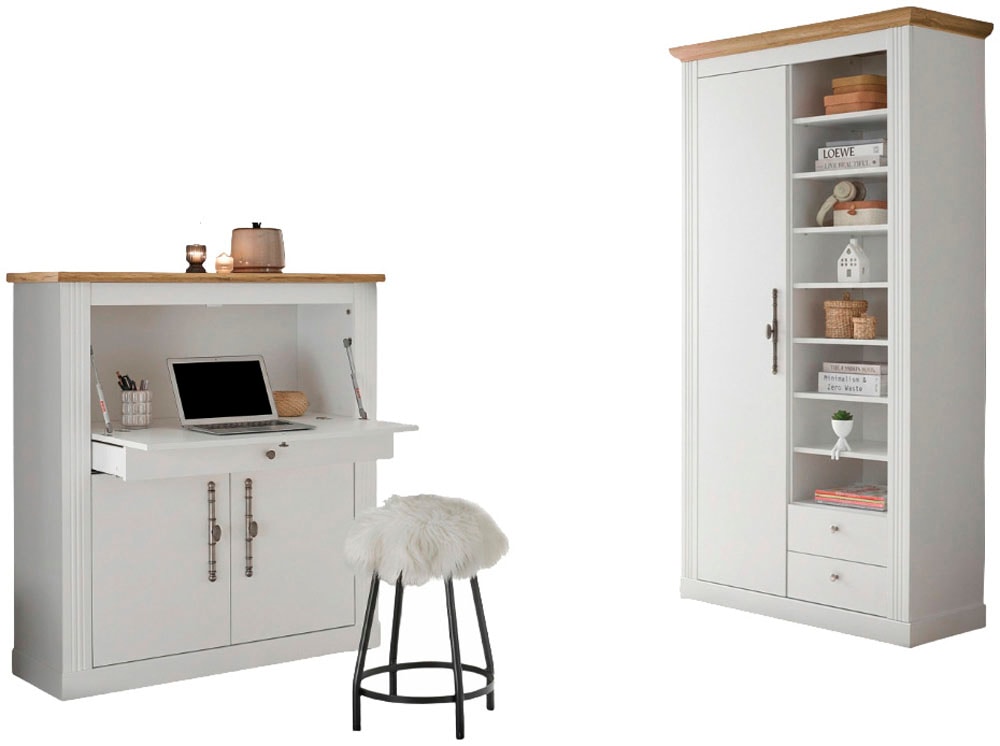 GOODproduct Ensemble de meubles de bureau »Westminster, wohnliches Home-Office, Büro in zwei Farben verfügbar« Ensemble, 2 tlg. comprend secrétaire et armoire de rangement style campagne, avec goulotte pour câbles