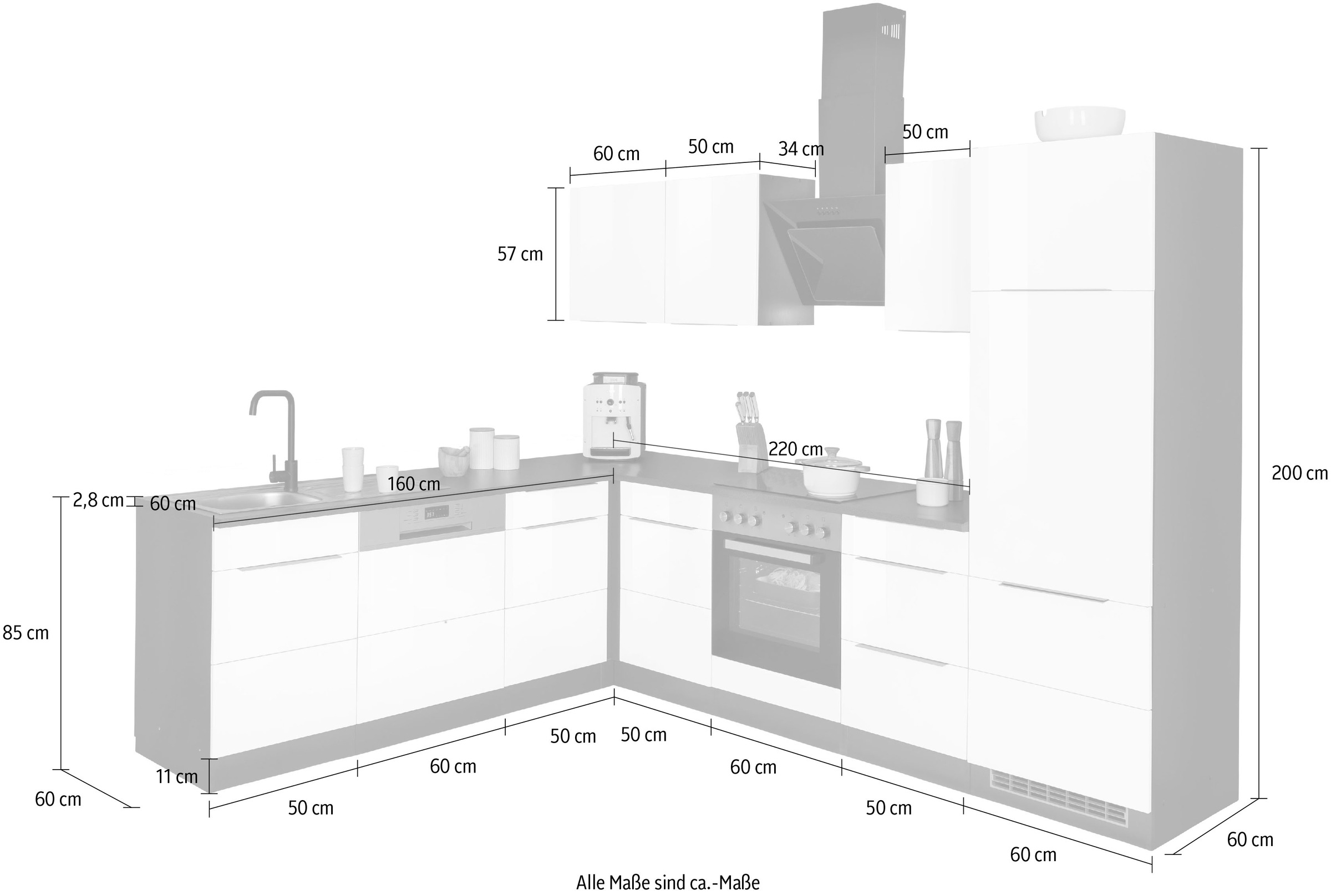 KOCHSTATION Winkelküche »KS-Brindisi« Stellbreite 220/280 cm, wahlweise mit E-Geräten, mit MDF-Fronten
