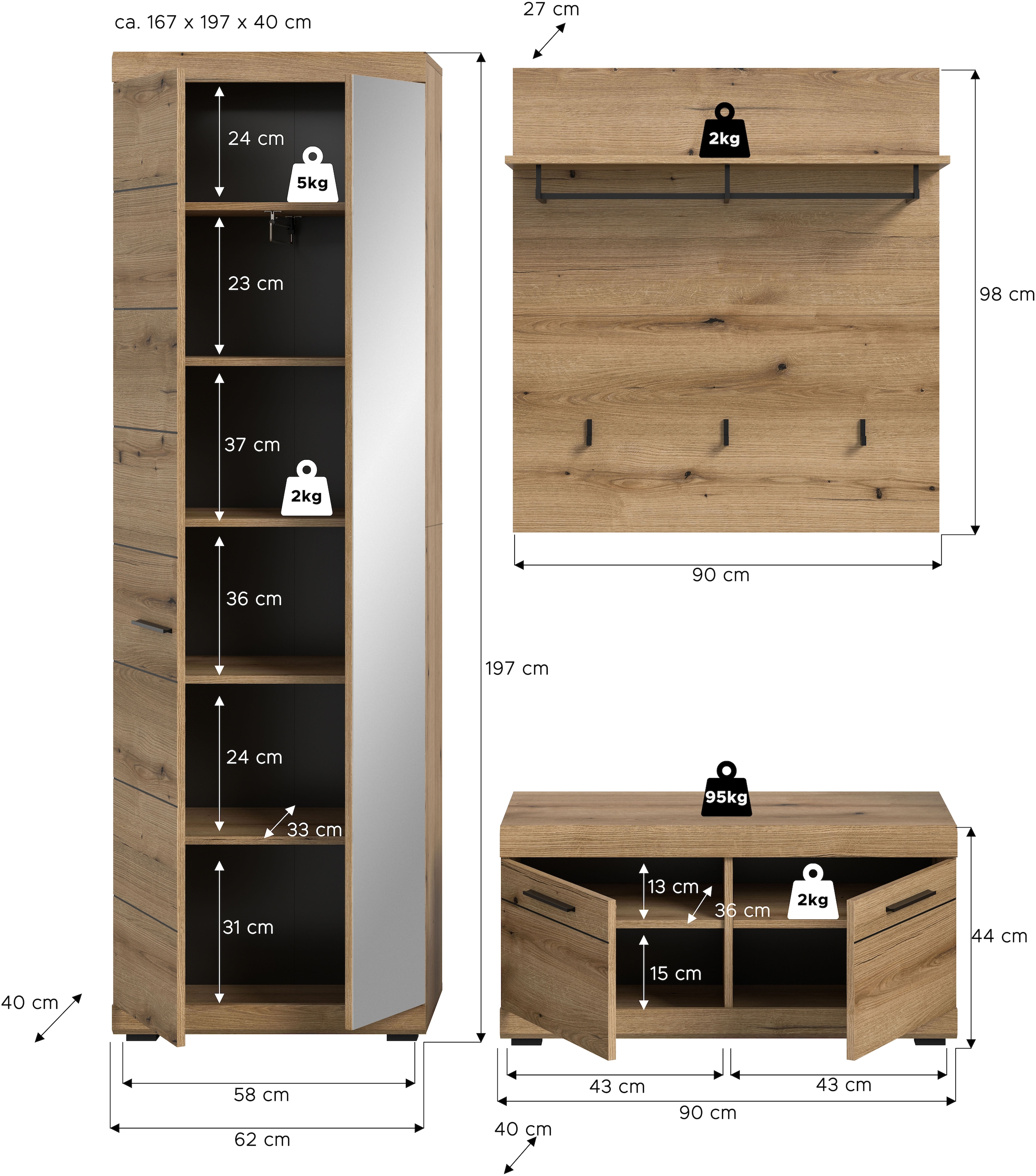INOSIGN Garderoben-Set »SIENA, Breite 167 cm, 3-teiliges Set, individuell stellbar« Komplett-Set, bestehend aus: Garderobenschrank, Sitzbank und Garderobenpaneel, 3 Stk. tlg.