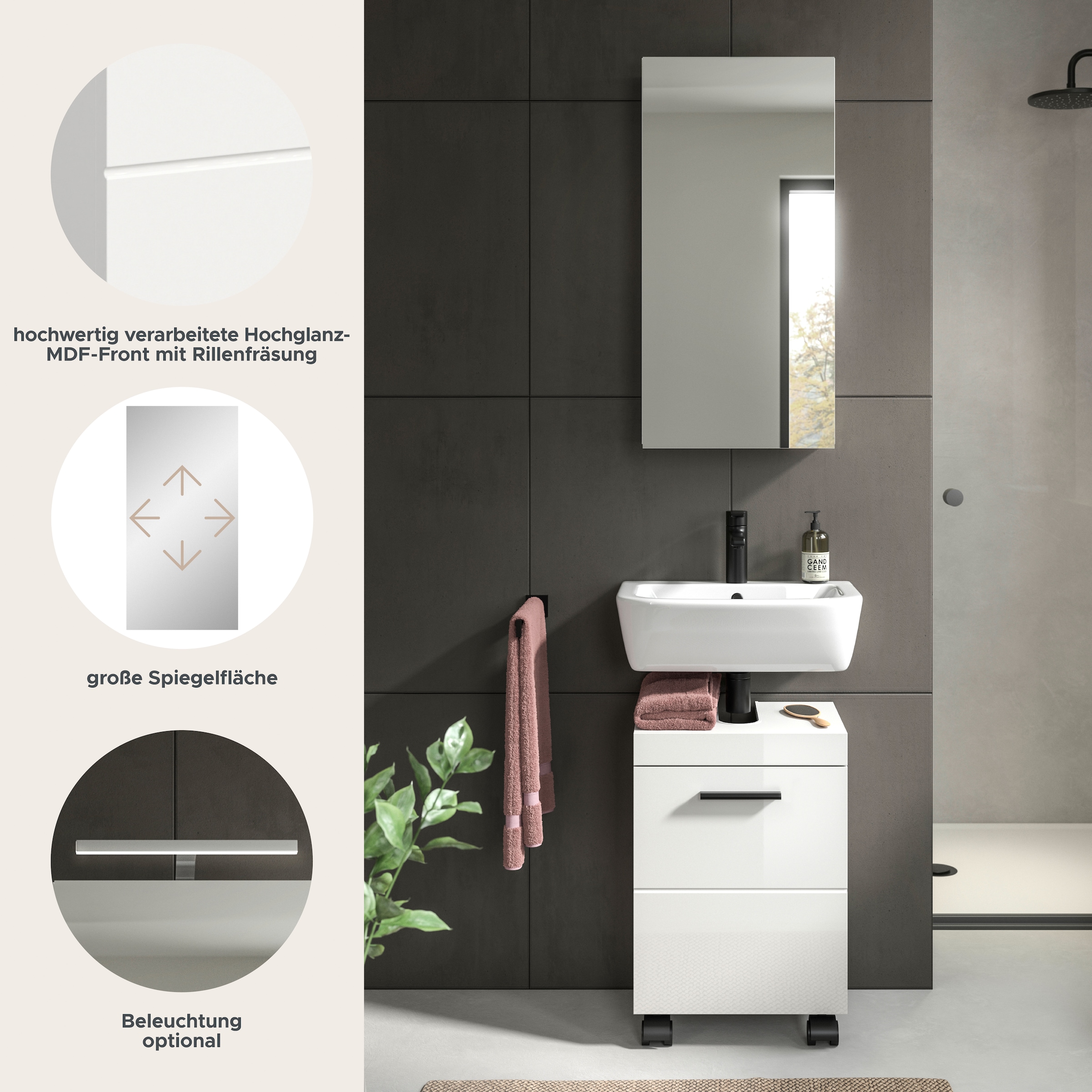 welltime Ensemble de meubles de salle de bain »AVON, Breite 40 cm, 2-teilige moderne Badkombination, auf Rollen« bestehend aus: Waschbeckenunterschrank & Spiegelschrank, 2 cuis tlg.
