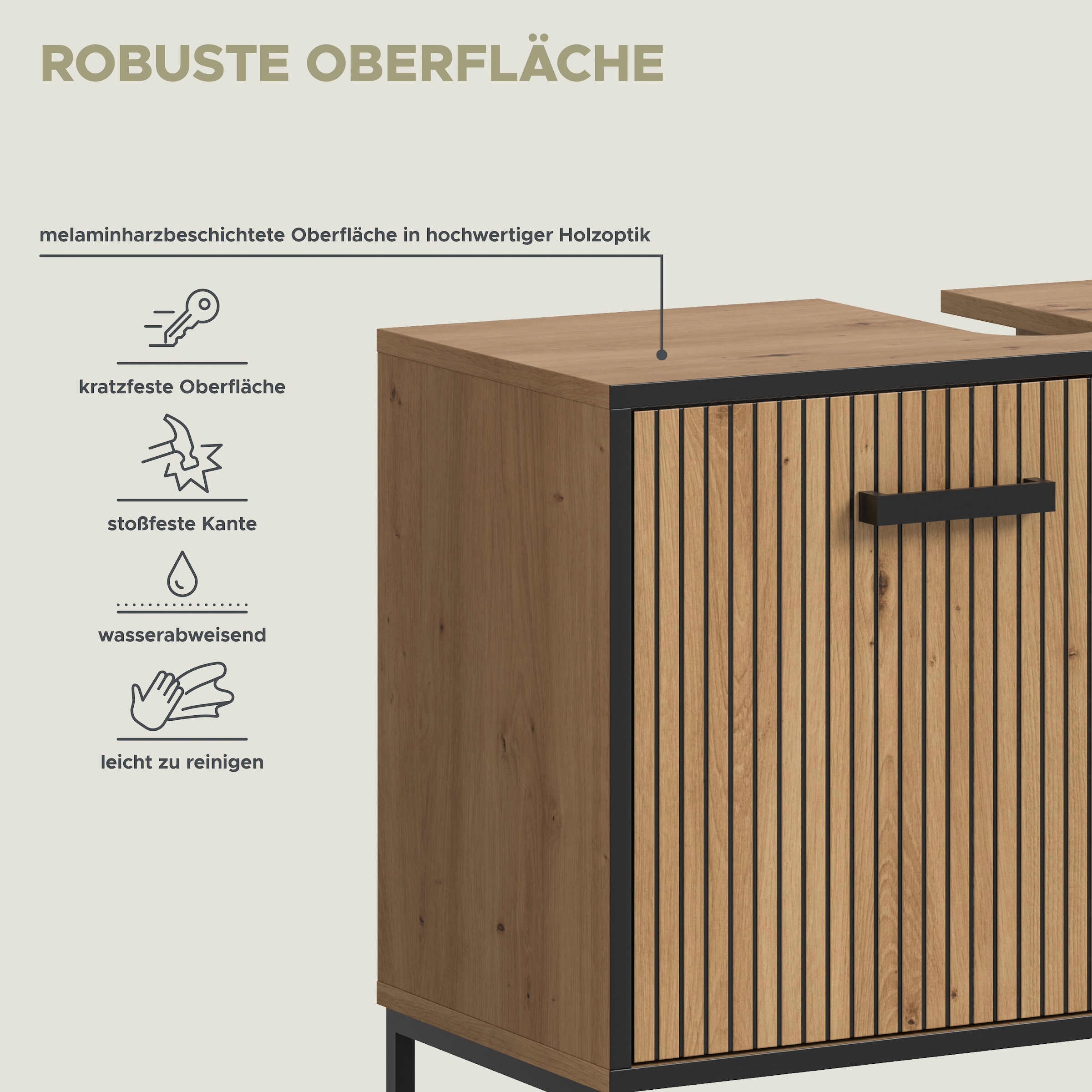 welltime Ensemble de meubles de salle de bain »LOCRI, 3-tlg. Badkombination, Breite 125 cm, Rillenoptik, Metallkufen« composé de : meuble sous lavabo, armoire miroir et armoire sur pied, 3 cuis tlg.