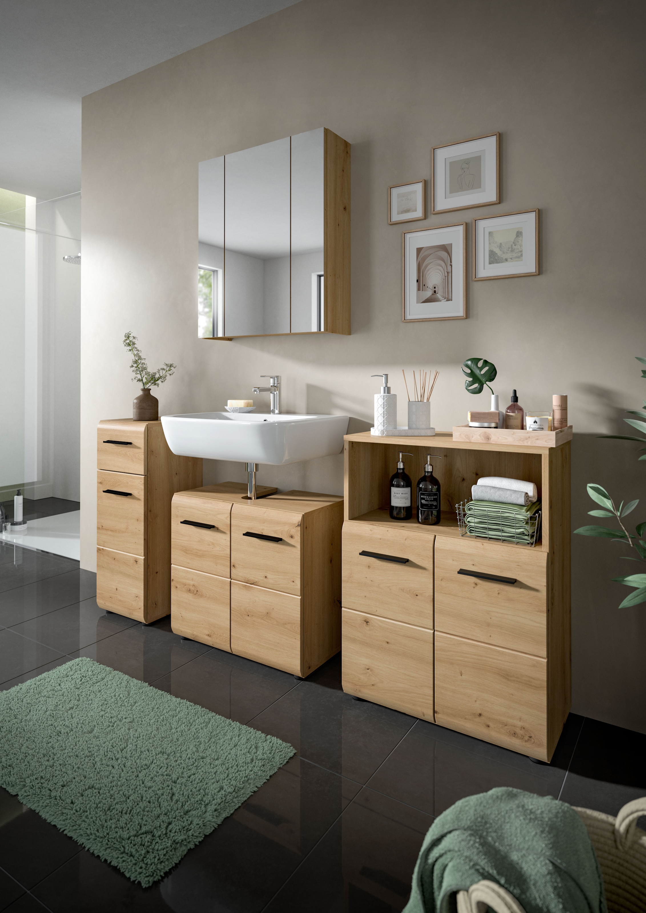 welltime Badmöbel-Set »FLORENZ,  3-teilige Badkombination, hochwertige MDF-Front« best. aus: 1 Unterschrank, 1 Waschbeckenunterschrank, 1 Spiegelschrank, 